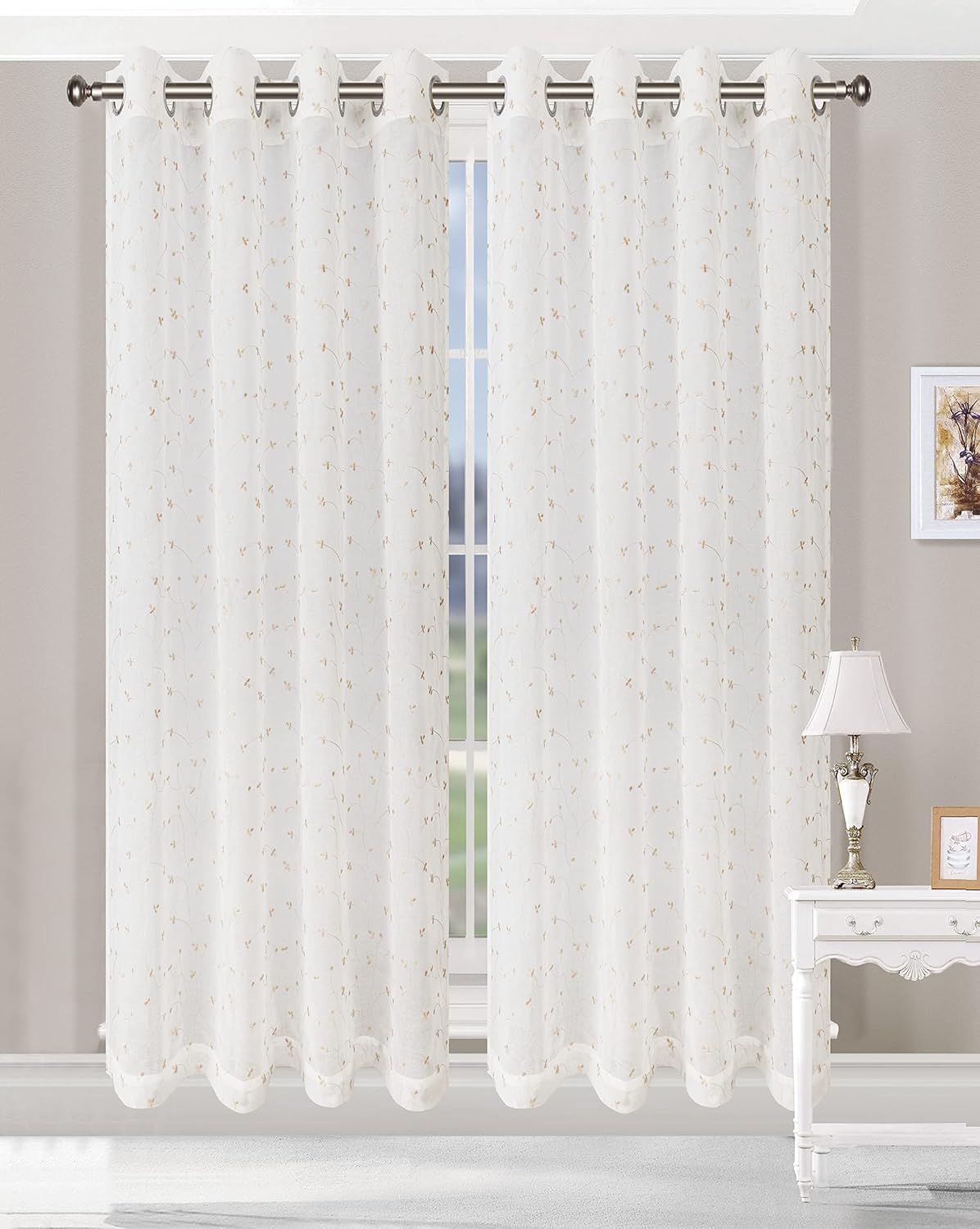 Superior Cormac Sheer Curtains, Window Accents for Family Room Bedroom, Modern Eclectic Transitional Style, Decorative Geometric Trellis with Grommets, Curtain Set of 2 Panels, 52" W X 108" L, White