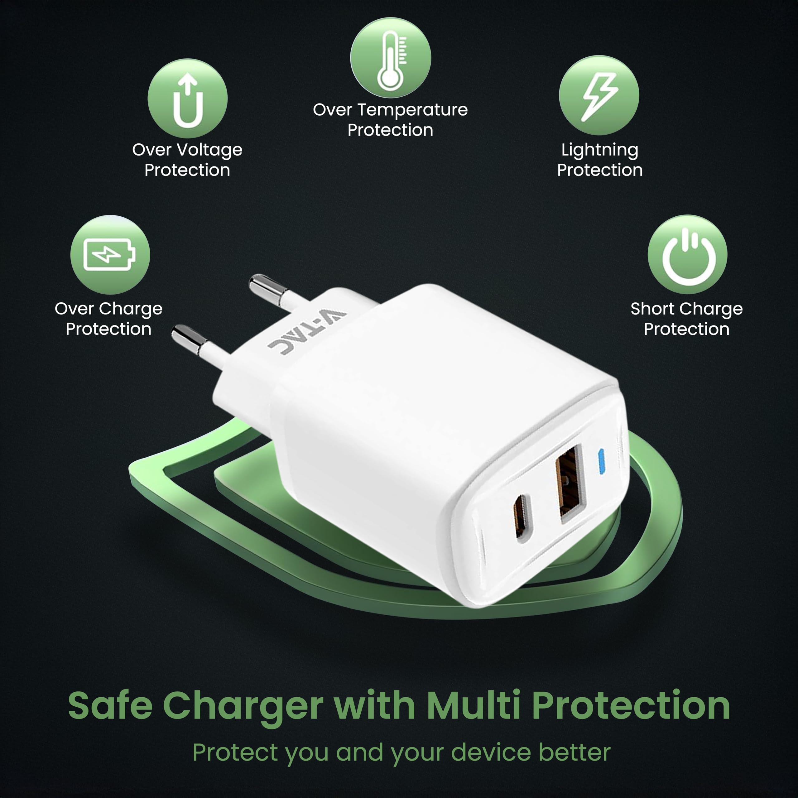 V-TAC Caricatore Rapido USB-C 20W per Iphone e Samsung – [SUPER PICCOLO] - per Smartphone e Dispositivi – 2 Porte: Type C + USB A - Compatibile Iphone 14/15/16/17 PRO/MAX e Galaxy S25 / S26 / A56