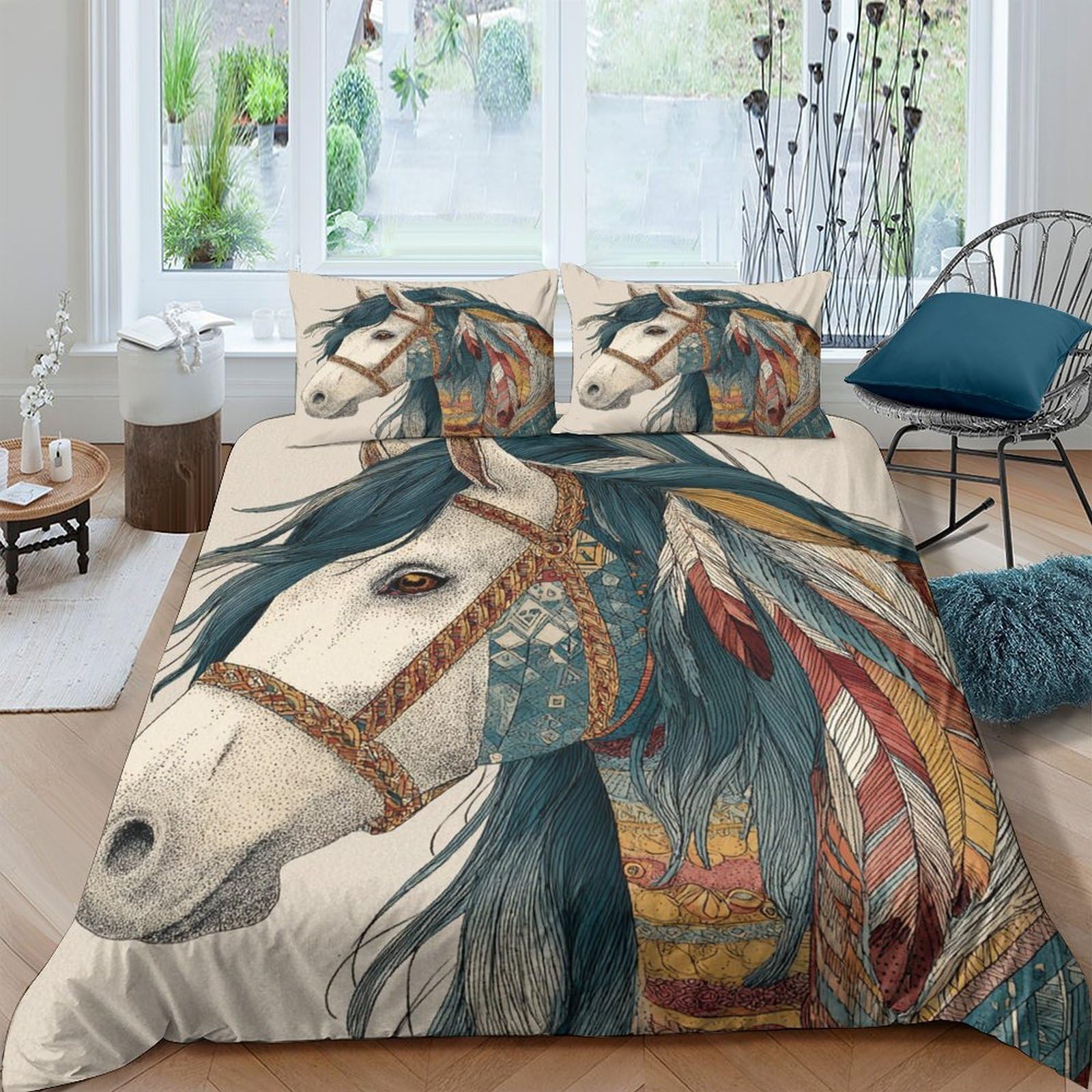 3D Printed Horse Art Duvet Cover Microfiber Soft Breathable Native Feather Bedding Set with 2 Pillowcases for Bedroom Decor Single（135x200cm）
