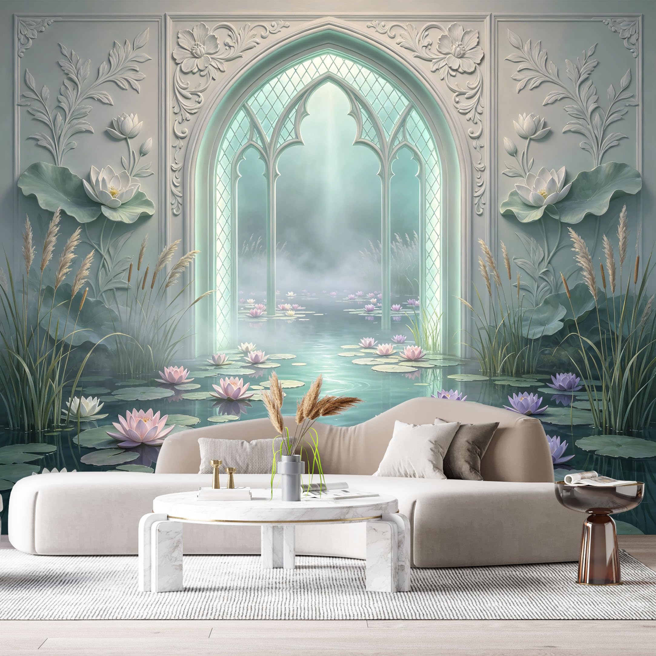 Custom Size Wall Murals Archway Pond Lotus Flower Landscape 3D Trompe L'Oeil SelfAdhesiveWall Fabric Removable Wallpaper Wall Decor for Living Room Bedroom Bathroom