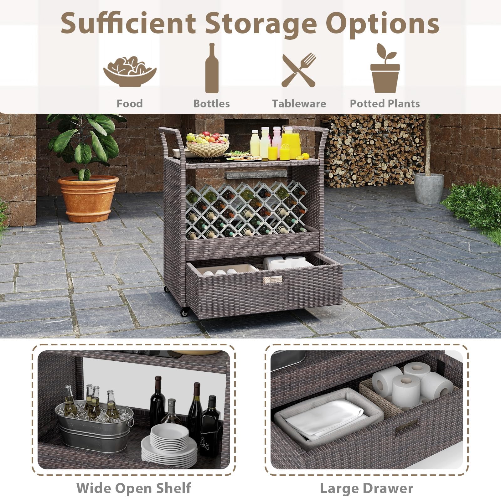 GIANTEX Chariot de bar d'extérieur avec roues, chariot de service en rotin avec étagère en verre trempé, étagère de rangement et tiroir amovible pour véranda, jardin et bord de piscine