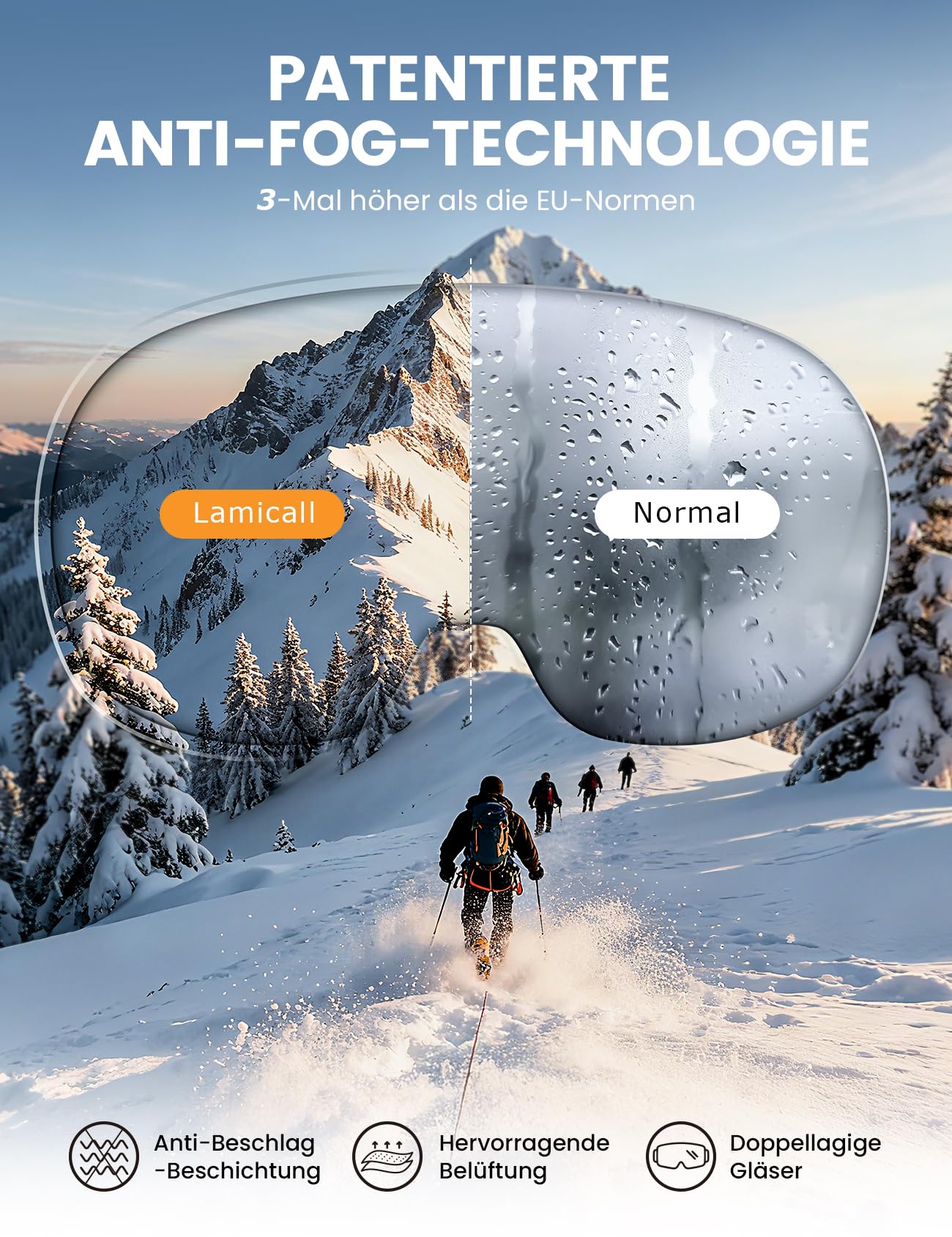 Lamicall Skibrille Herren, OTG Snowboardbrille Damen - [Ultra HD & Breitere Sicht] TOP Anti-Foge Ski Brille für Brillenträger, Verspiegelte Snowboard Schutzbrille, UV400 Schneebrille mit Blendenschutz