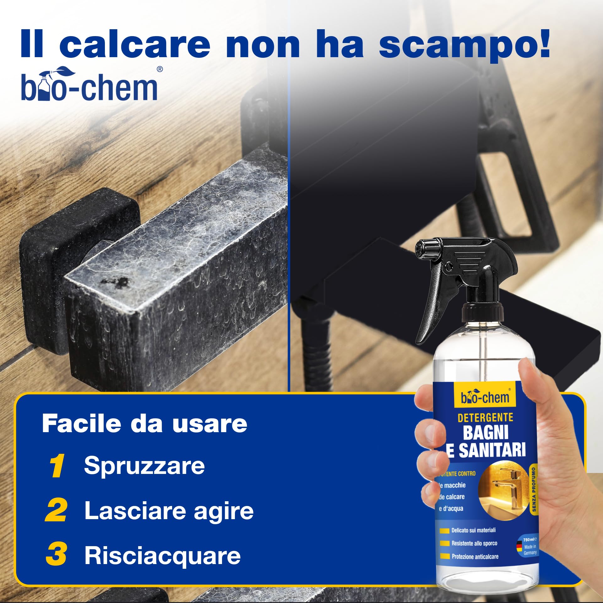 bio-chem Detergente per bagno e toilette anticalcare 5L | Prodotto per la pulizia di doccia, lavandino e WC - Detergente anticalcare e antimuffa per il bagno