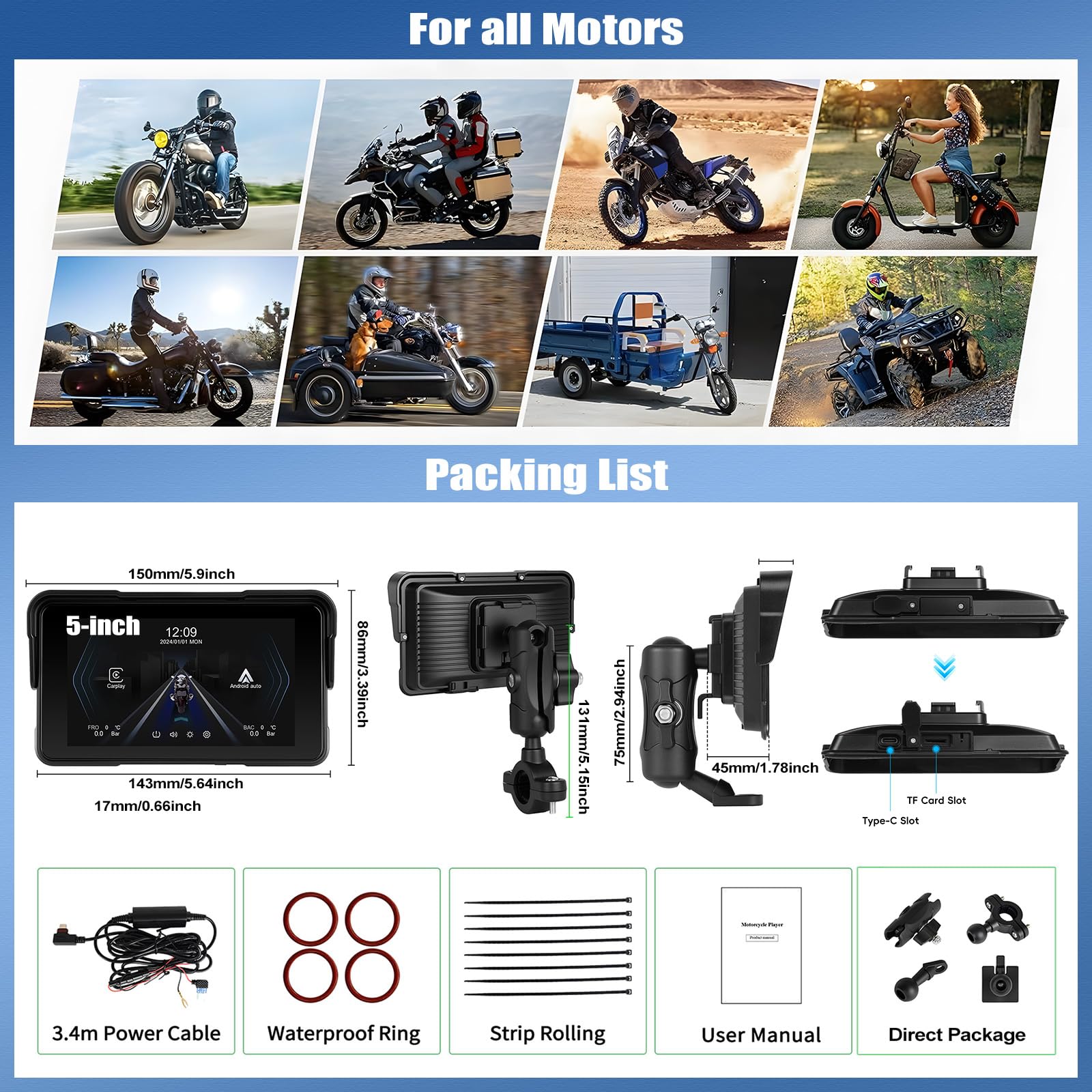 SIXWIN Motorrad Carplay Bildschirm für Moto mit Wireless Carplay Android Auto, 5 Zoll HD Touchscreen Tragbare Autoradio IP68 Wasserdicht Motorcycle GPS-Navigation Dual-Bluetooth Siri/GOO-gle