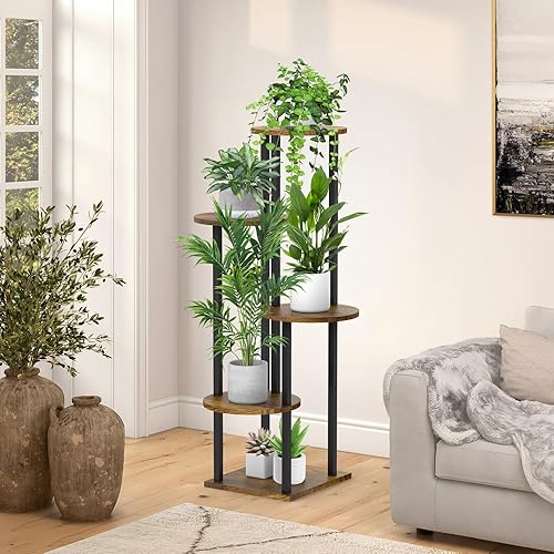 Miniatura 7 de Soporte para plantas de 5 niveles para interiores, estante alto de madera y metal para múltiples plantas, soporte para macetas de flores para