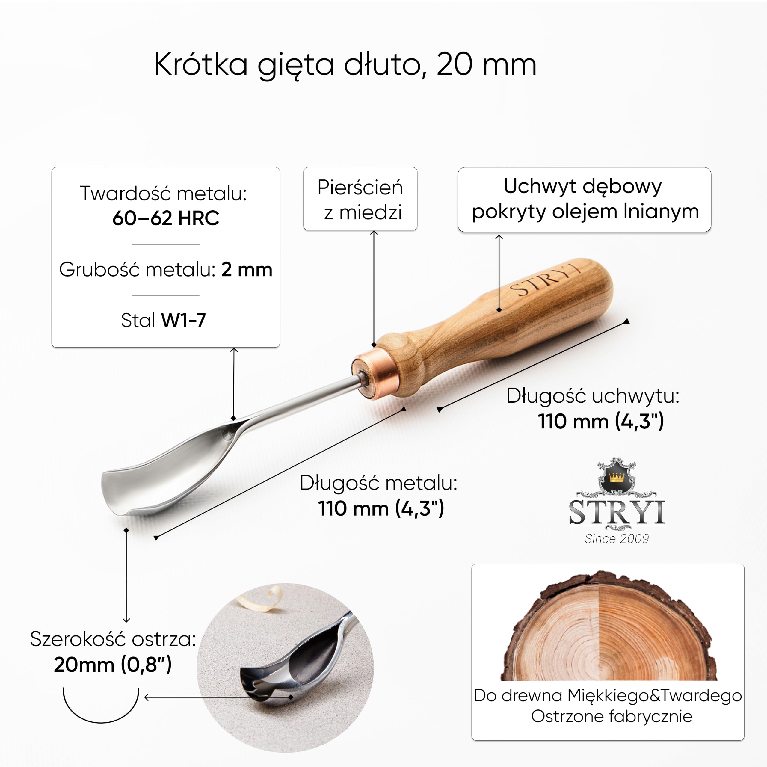 STRYI W1-7 20 mm krótka zakrzywiona łyżka ze stali węglowej do rzeźbienia w drewnie miski narzędzie do rzeźbienia w łyżkach i misek ręcznie ostrzona stal węglowa W1-7