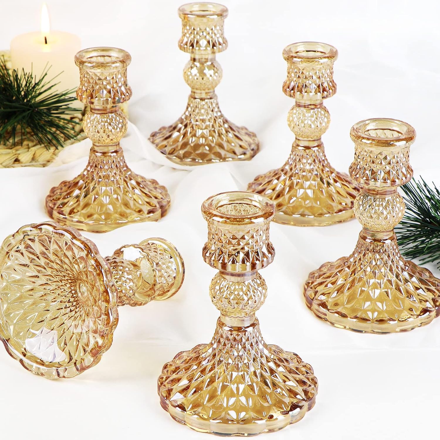 Taper Candlestick Holder Set of 6, Gold Candle Holders & Vintage Candlestick Holders, Glass Candle Holder for Table Centerpieces, Fall, Christmas,