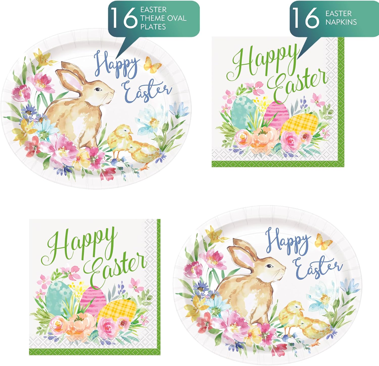 HOME & HOOPLA Classic Easter Bunny & Chick Colorful Floral Oval Paper Dinner Plates and Napkins (Serves 16)