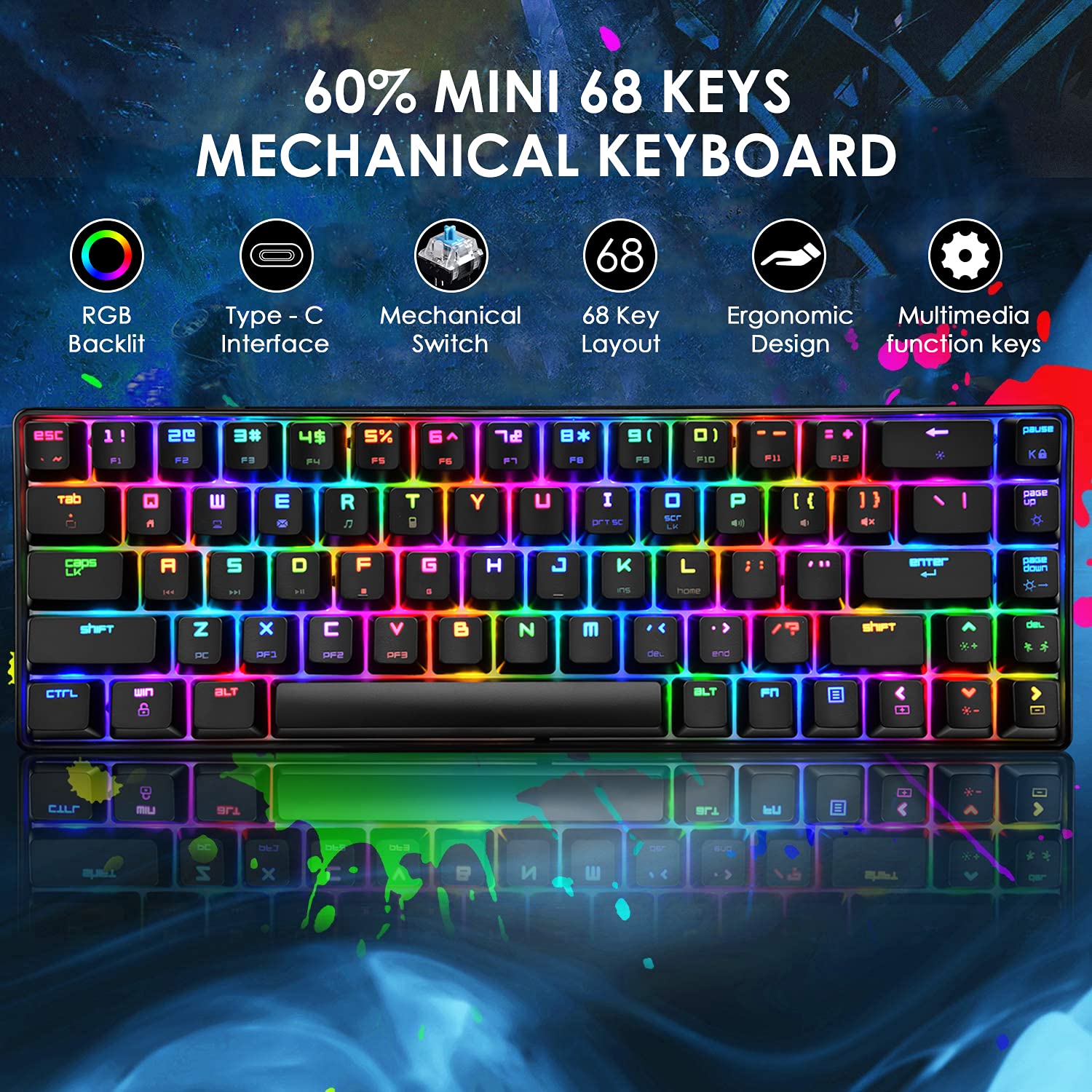 Mini 60% Gaming-Tastatur Mit RGB Beleuchtung - Mechanische Blaue Schalter, 62 Tasten, UK-Layout
