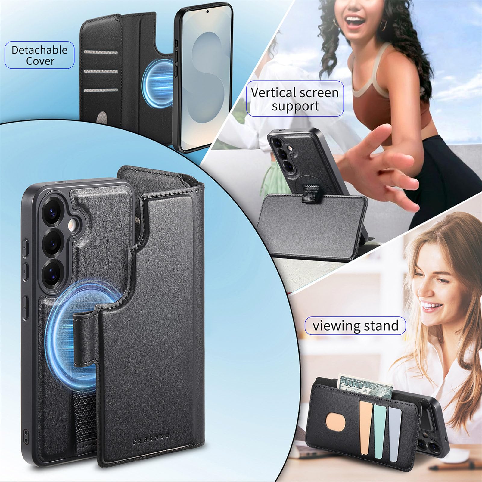 COQUE Samsung Galaxy S26 Magnetic Wallet Case With Elastic Wrist Strap, Built-in Card Holder and Adjustable Stand, Shockproof Protective Cover for Samsung Galaxy S2