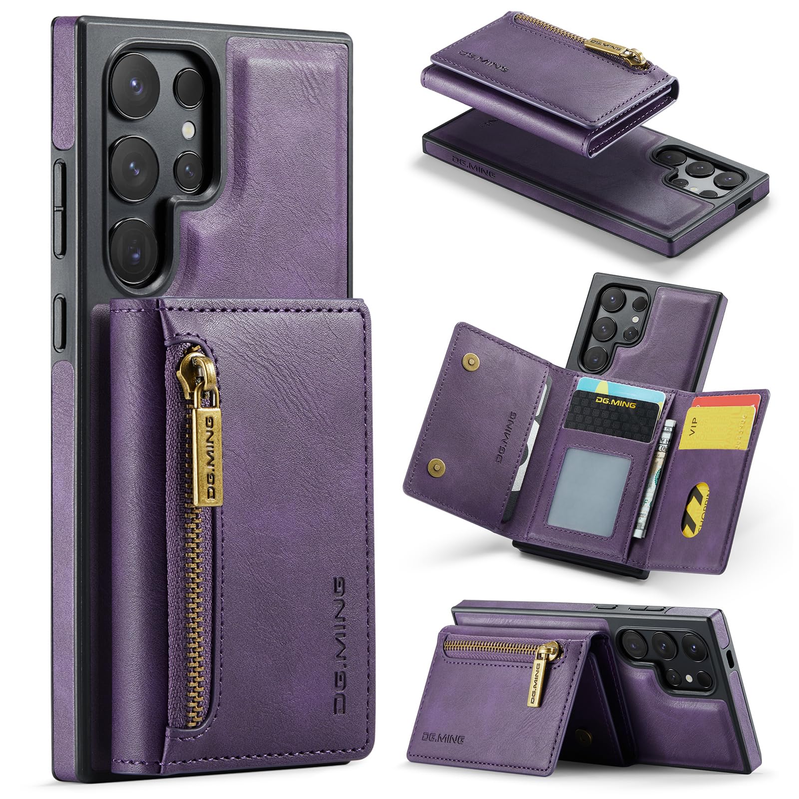 Funda Tipo Cartera 2 en 1 para Samsung Galaxy S23 Ultra, Funda de Piel de Calidad, con Cremallera, diseño de Hebilla Desmontable, Color Morado