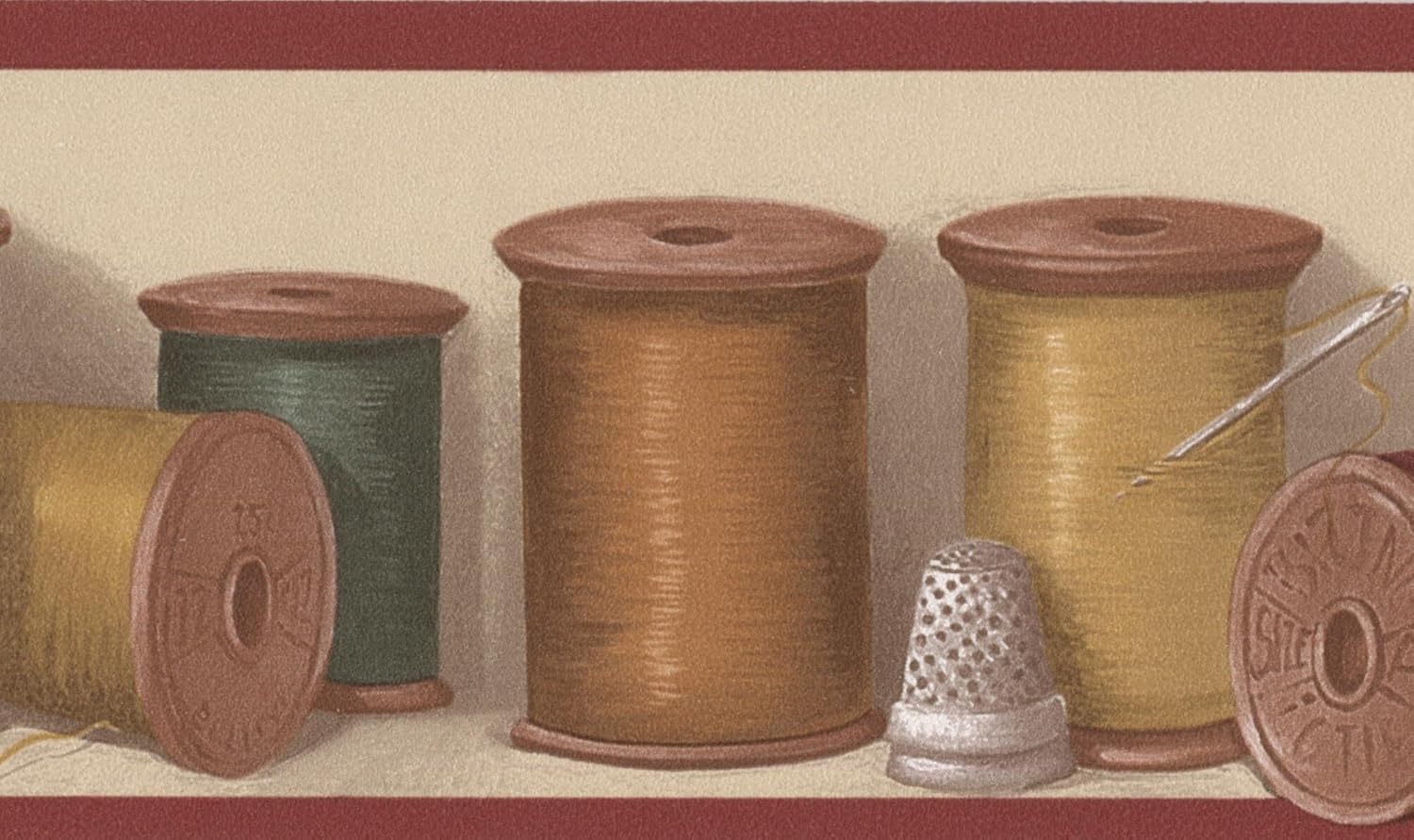 Norwall Spools of Green Yellow Blue Threads Kitchen Beige Wallpaper Border Retro Design, Roll 15' x 3''