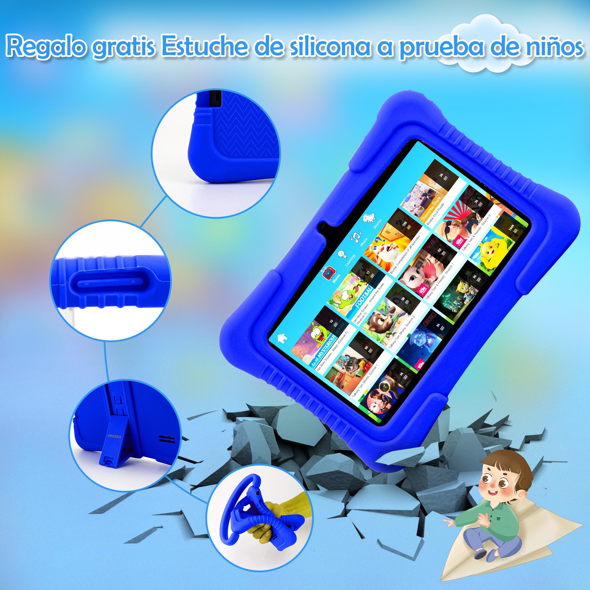 Veidoo Tableta Android para niños de 7 Pulgadas con WiFi, 2GB RAM / 32GB ROM, Pantalla táctil, Control Parental para niños pequeños, Cámara Dual, Juegos, Tableta educativa(Azul Oscuro)