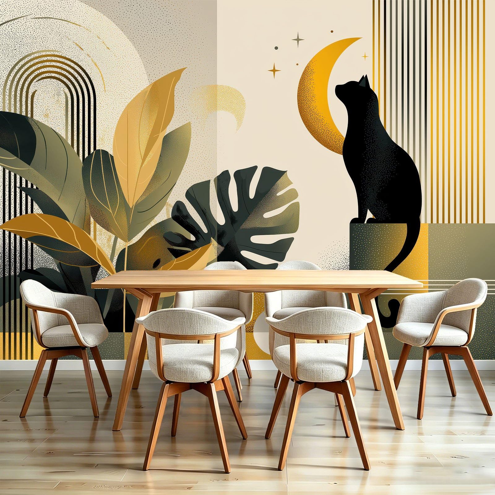 Panoramiczna tapeta z włókniny w połowie wieku, tropikalna, 350 x 256 cm, tapeta z włókniny, do salonu i sypialni, chłopca Mädchen Nursery, Monstera, Gwiazdy