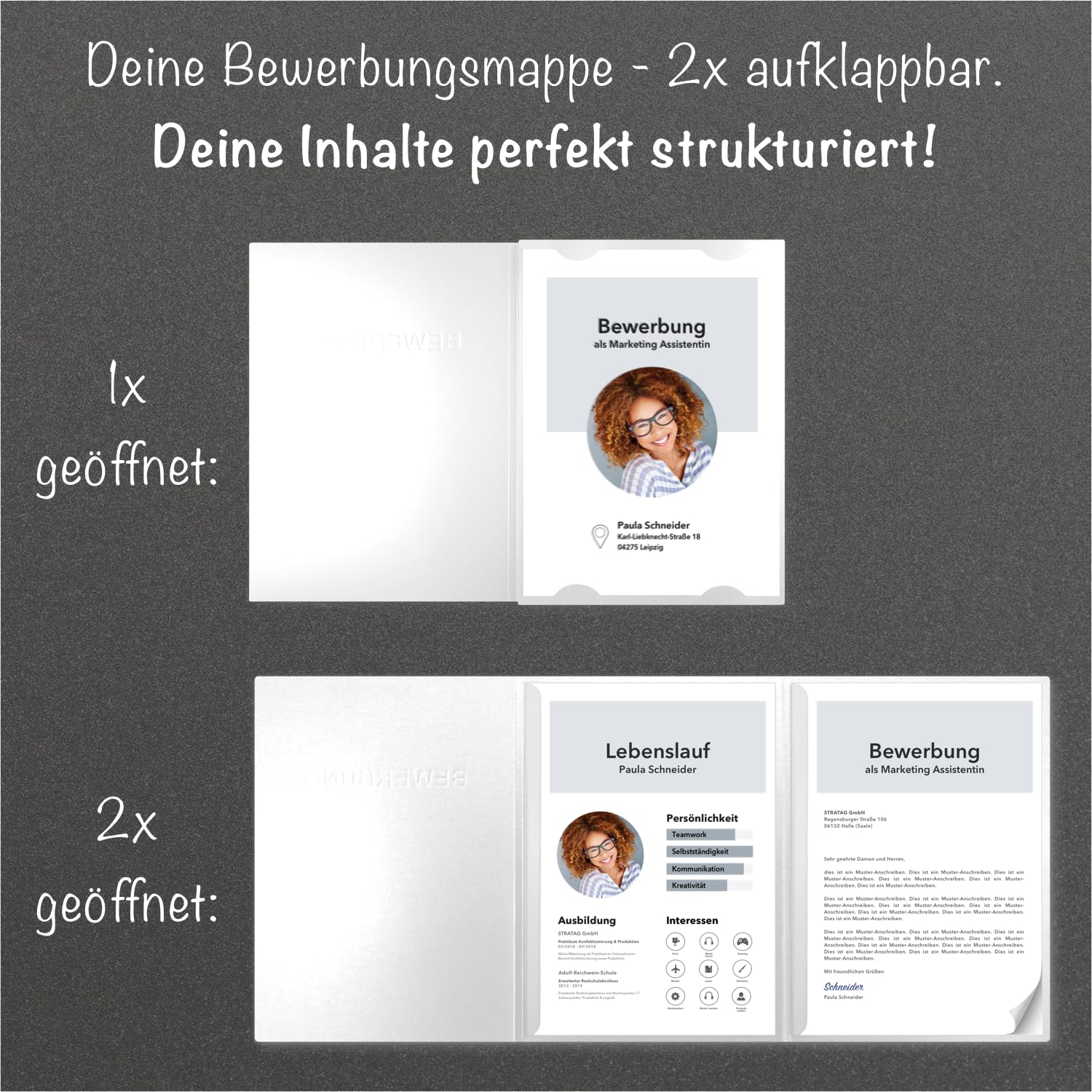 20 Stück 3-teilige Bewerbungsmappen Kristall-Weiß Metallic - inkl. 20 Versandumschläge in Weiß - Premium-Qualität mit hochwertiger Prägung BEWERBUNG - direkt vom Hersteller STRATAG