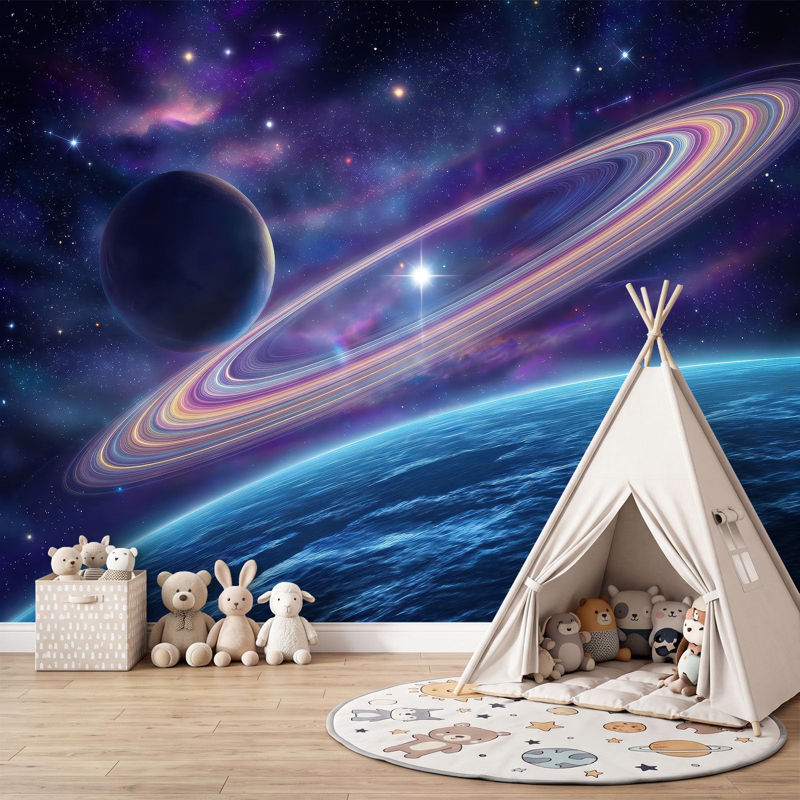 Fototapeta Science fiction, gwiaździste niebo, planeta, 500 x 280 cm, niebiesko-fioletowa, wysokiej jakości, fototapeta, sztuka ścienna 3D, dekoracja do salonu, sypialni, tło sofy