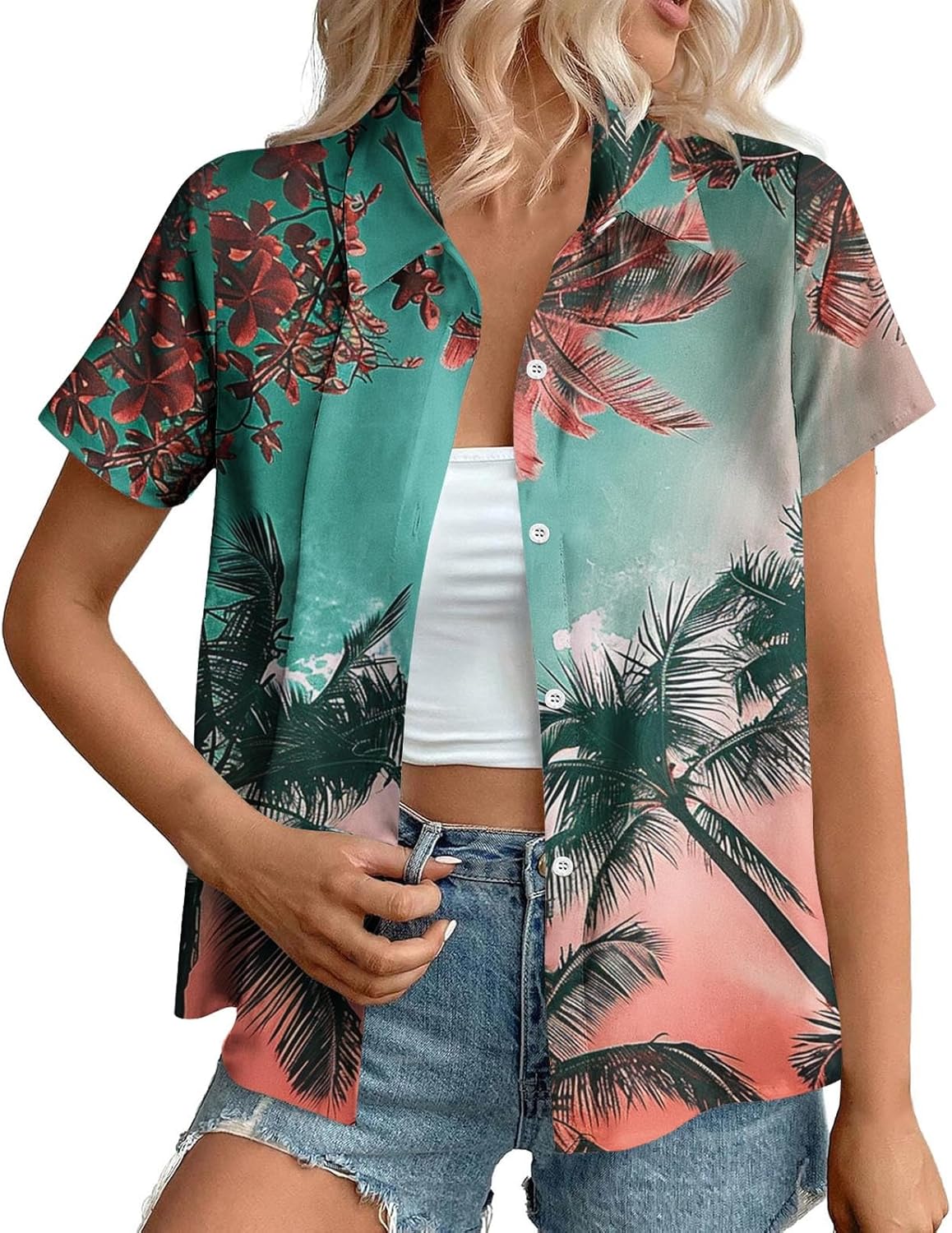 Women's Hawaiian Shirts Summer Plus Size Beach Shirt Short Sleeve Button Up Tops Cool Floral Tropical Printed Blouses