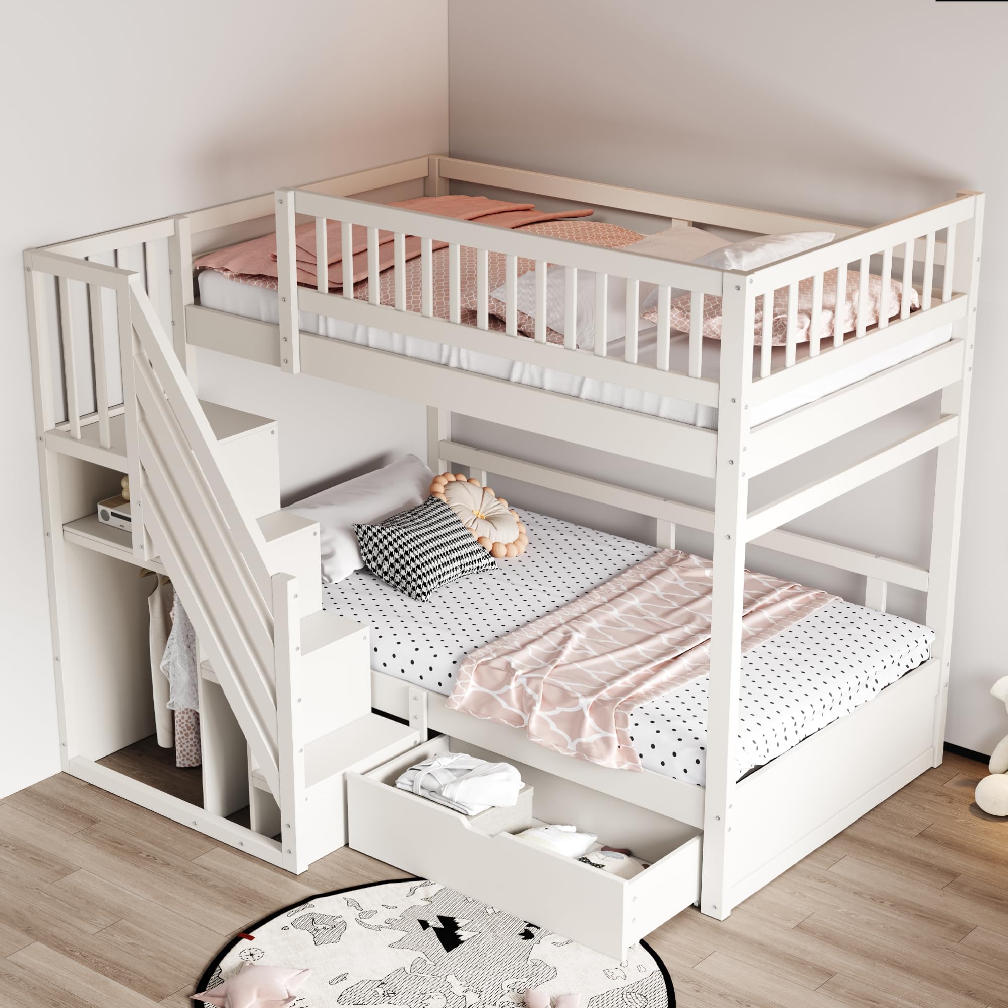Soweiz Lettino per bambini 90 x 200 cm, in legno massello con rete di sicurezza elevata, con rete a doghe, scala di sicurezza con vano portaoggetti, letto per ragazzi (bianco)