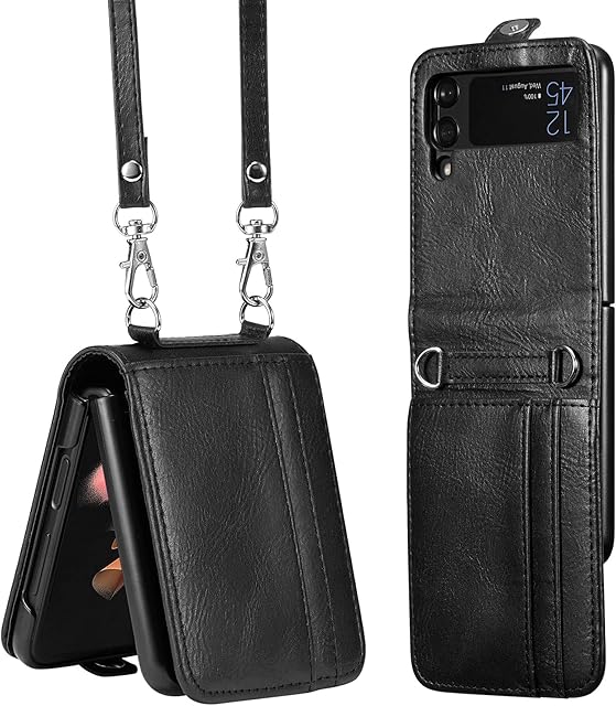 ZCDAYE Wallet Case for Samsung Galaxy Z Flip 4 Case,Samsung Z Flip 4 5G (2022) Case, Z Flip 4 Leather Case with Card Holder and Long Lanyard- Black