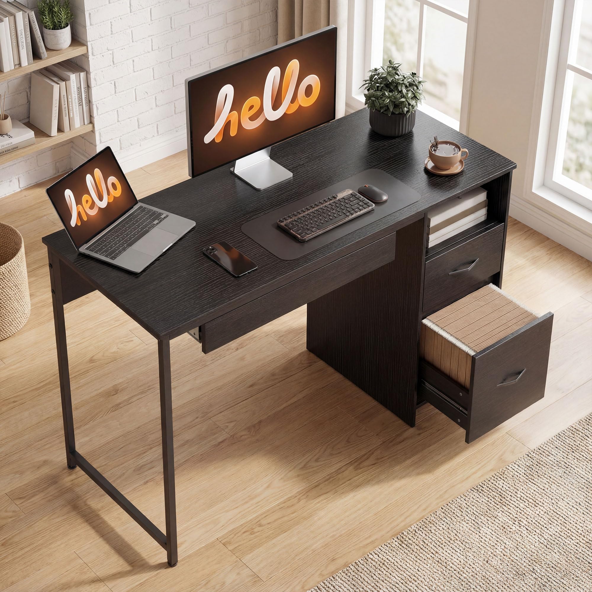 HOMCOM Scrivania Ufficio Salvaspazio con 2 Cassetti 120x52.3 cm Nero | per Documenti Formato A4 Lettera Legale, Vano Aperto, Vassoio per Tastiera, Tavolo Computer per Studio Casa Ufficio