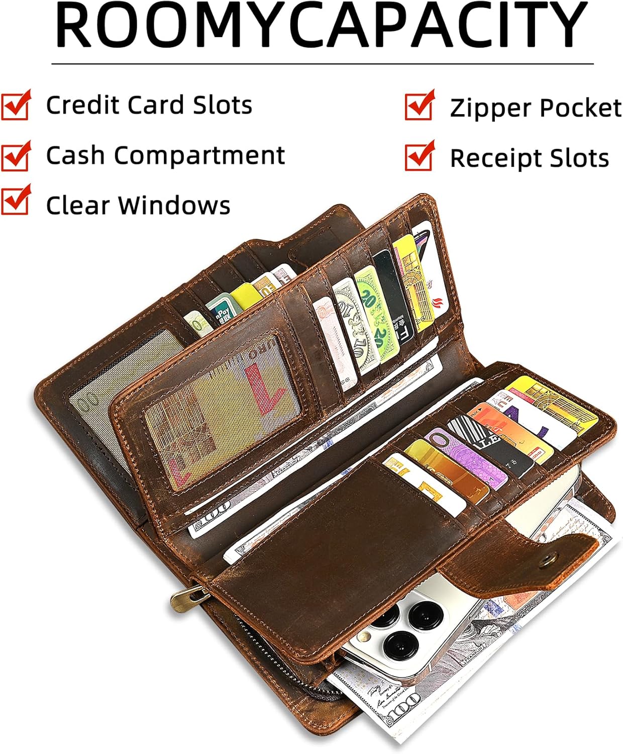 Genuine Crazy Horse Leather Travel Gift Coin Pocket Card Case Long Organizer Chain Rfid Wallet Purse With Snap For Men Male 1803 1815 (W-1820-Brown)