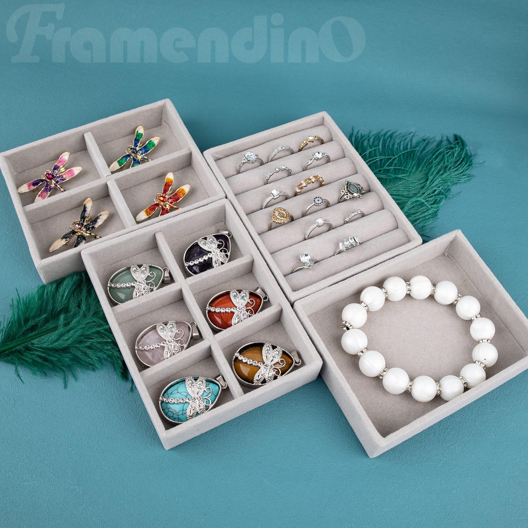 Highergo 8 Pcs Small Velvet Jewelry Trays - Stackable Drawer Organizers, Beige, 8.3x4.7x1 Inches, Uneven Grid
