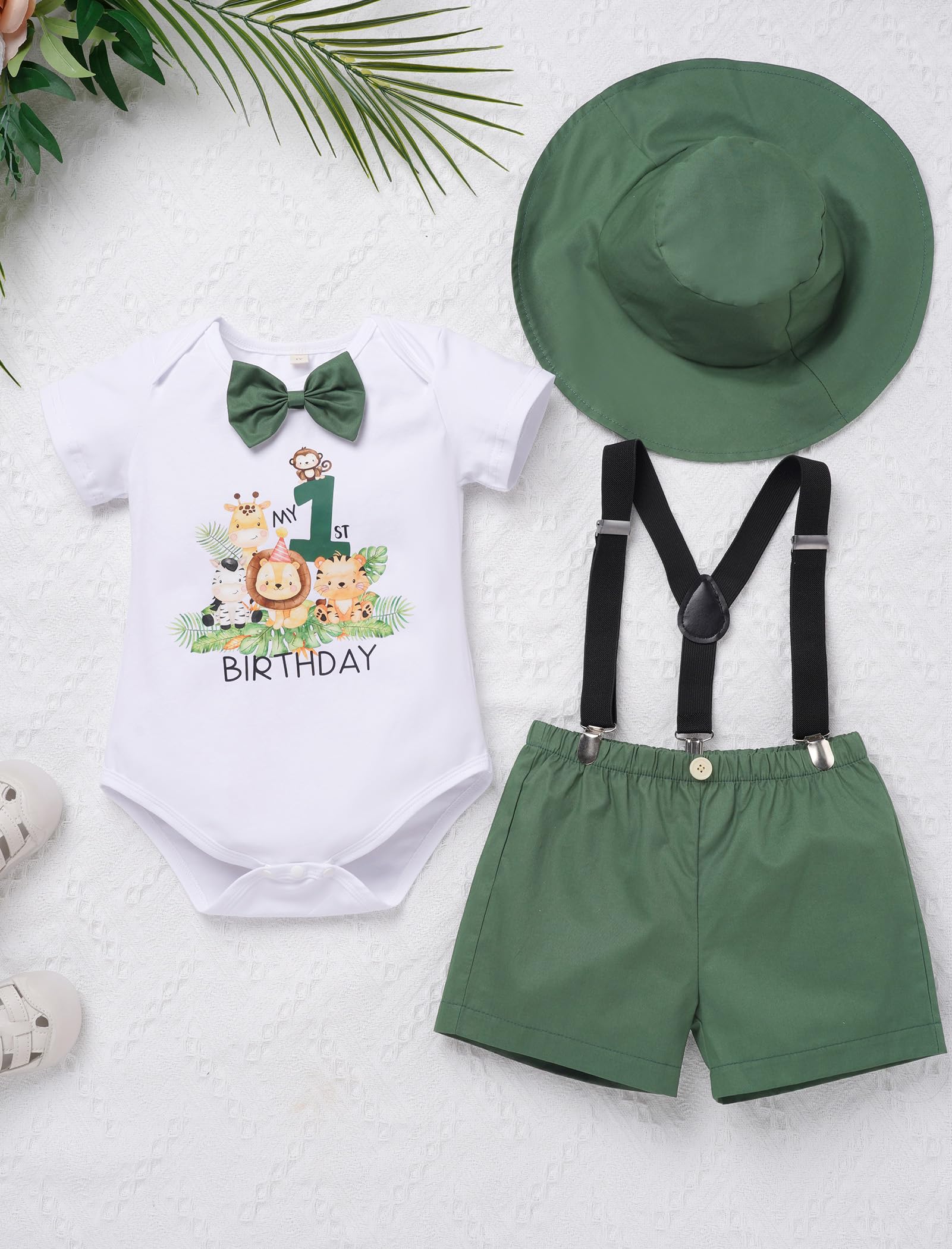 Odizli Conjunto de ropa para bebé y niño de primer cumpleaños, traje de manga corta, pelele + pantalones cortos + tirantes + sombrero, juego de ropa de 4 piezas