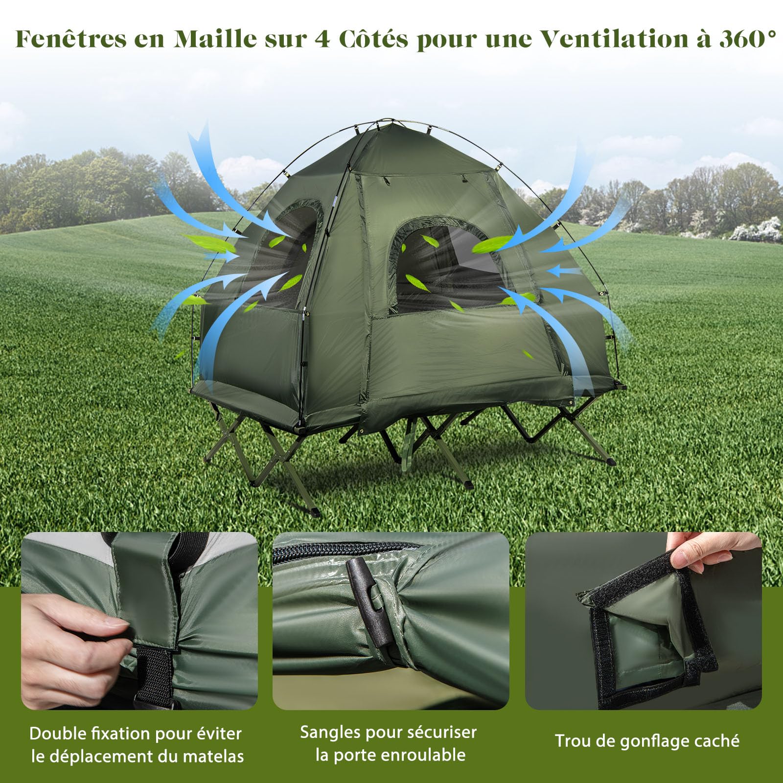 GYMAX Tente avec Lit de Camping pour 1/2 Personnes, Bâche Anti-Pluie Supplémentaire, pour Randonnée, Pique-Nique, Pêche