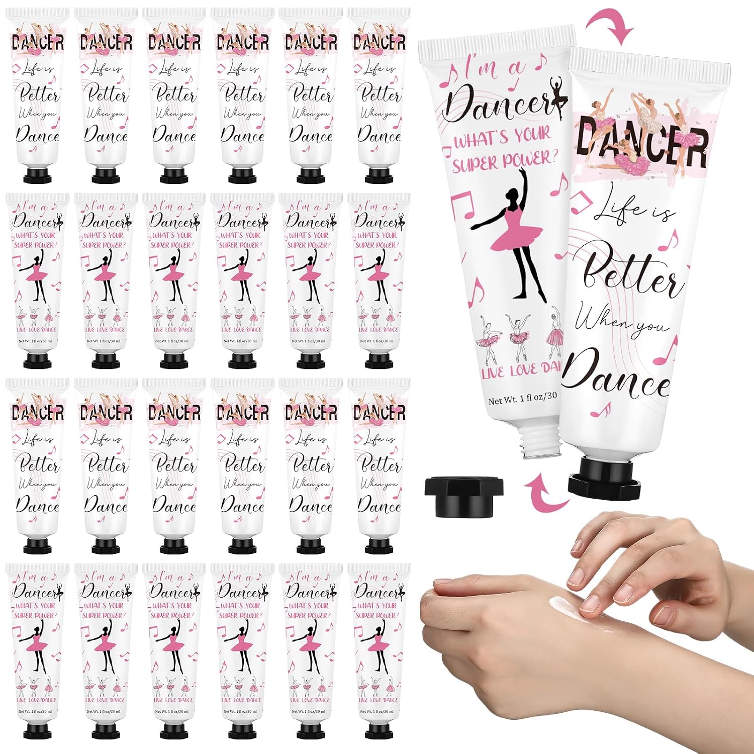Loopeer 24 Pcs Dancer Gifts Bulk Recital Ballerina Party Favors Double Sided Hand Cream Set Travel Size Moisturizing Hand Lotion Dance Team Ballet Gifts for Women