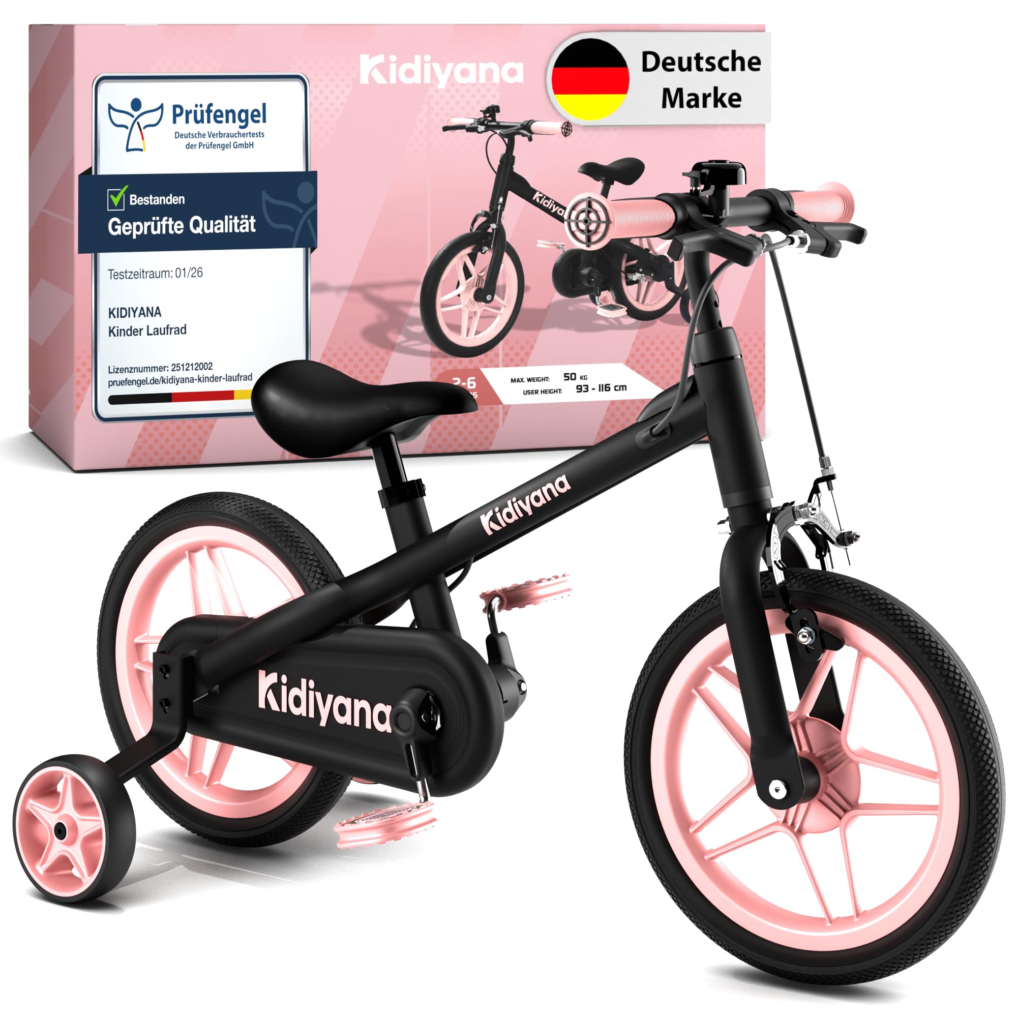 Bici Senza Pedali 3 in 1 da 2 Anni con Pedali e Rotelle Rimovibili, Bici Bambini da 12 Pollici con Freno a Mano, Campanello, Sella e Manubrio Regolabili, Telaio in Alluminio