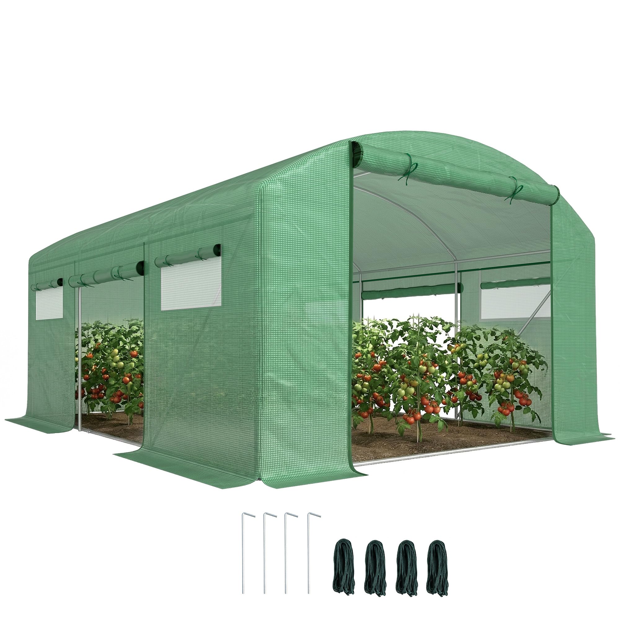 Outsunny 4 x 3 x 2m Serra a tunnel e serra tunnel Verde | Finestre a rete, tenda serra tunnel giardino, copertura PE resistente ai raggi UV, telaio in acciaio galvanizzato