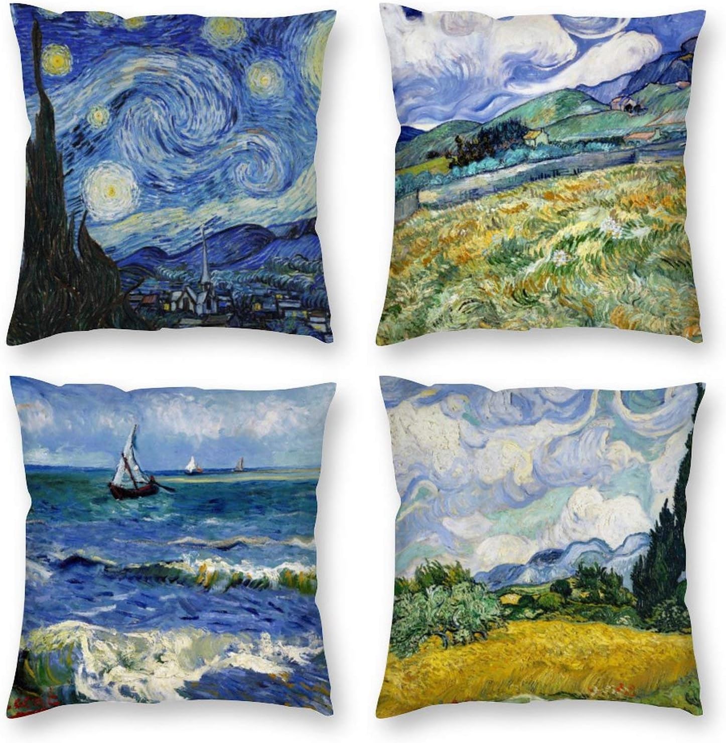 HOSTECCO Abstract Pillow Covers Pack of 4 Square Decorative Blue Cushion Covers for Sofa Couch Home Car Van Gogh Painting 20x20 inch