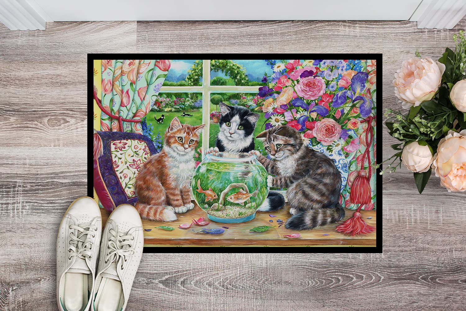 Caroline's Treasures CDCO0325JMAT Cats Just Looking in The Fish Bowl - Tappetino per Interni ed Esterni, 61 x 91,4 cm, Multicolore