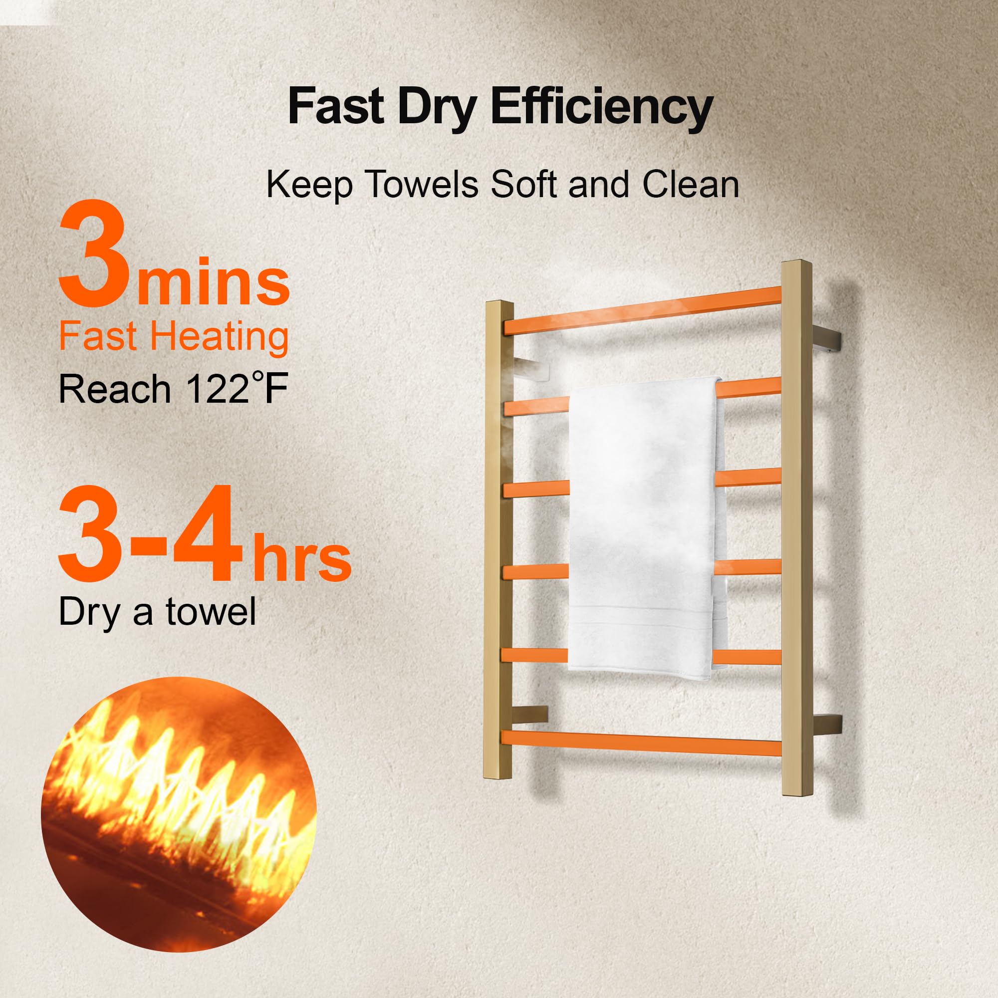 Toallero térmico de acero inoxidable de 80 W, montaje en pared, 6 soportes, radiador de baño, pulido, 69,8 x 54,8 x 5,5 cm