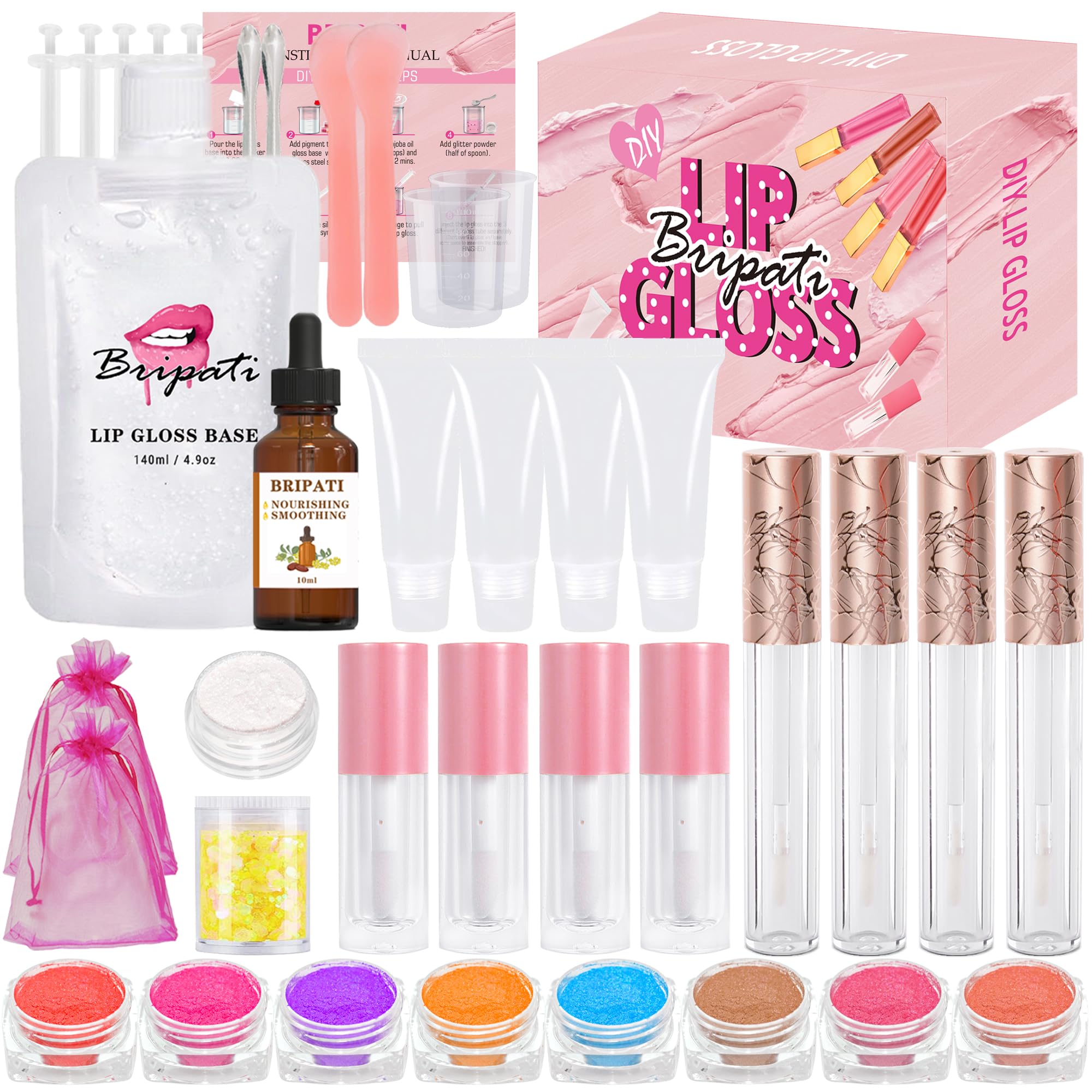 BRIPATI DIY Lip Gloss Making Kit, DIY Lip Glosses Set to Make Your Own Lip Stick, Fun Craft Makeup Lipglosses, All-Inclusive Moisturizing Handmade Lip Glaze Supplies Set for Beginner Women Girls