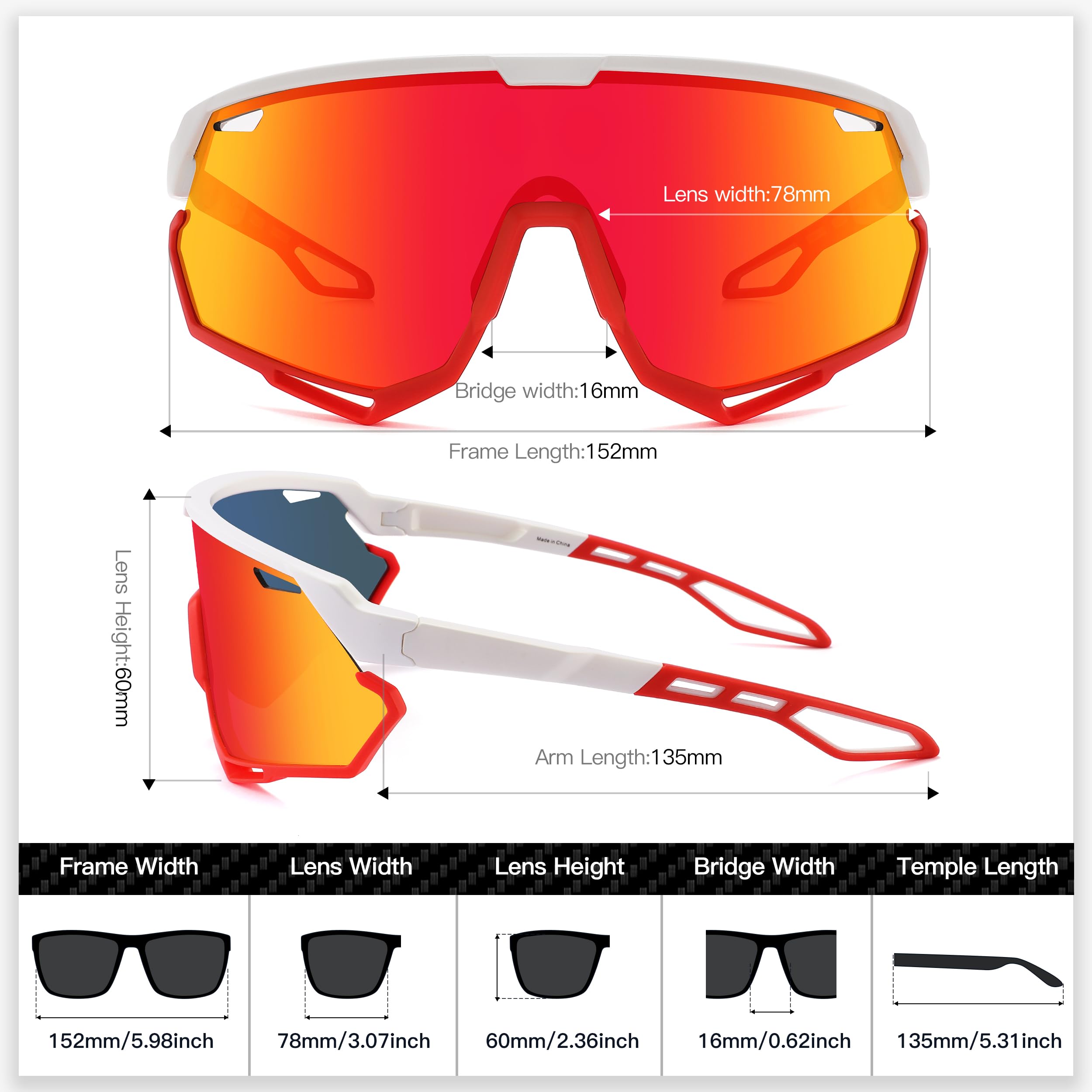 SINSPORT eyewear Occhiali da Ciclismo per Uomo Donna, Occhiali da Sole Sportivi Occhiali MTB per Bici Running Baseball Correre Anti-UV400