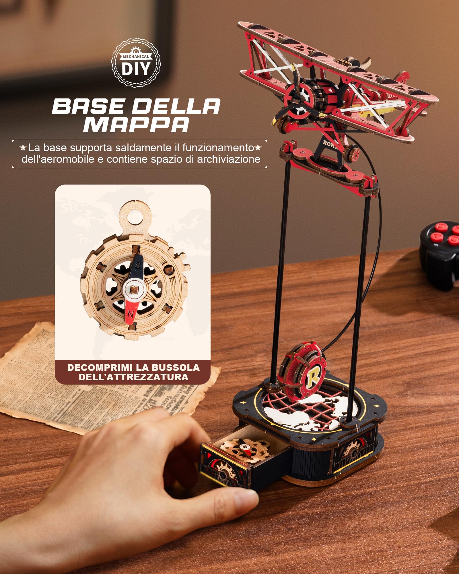 ROKR 3D Puzzle in Legno Aereo, Modellismo da costruire Adulti Capitano del cielo, Oscillazione Gravitazionale Decorazione, Regali per adulti e bambini, Sky Captain MCD01