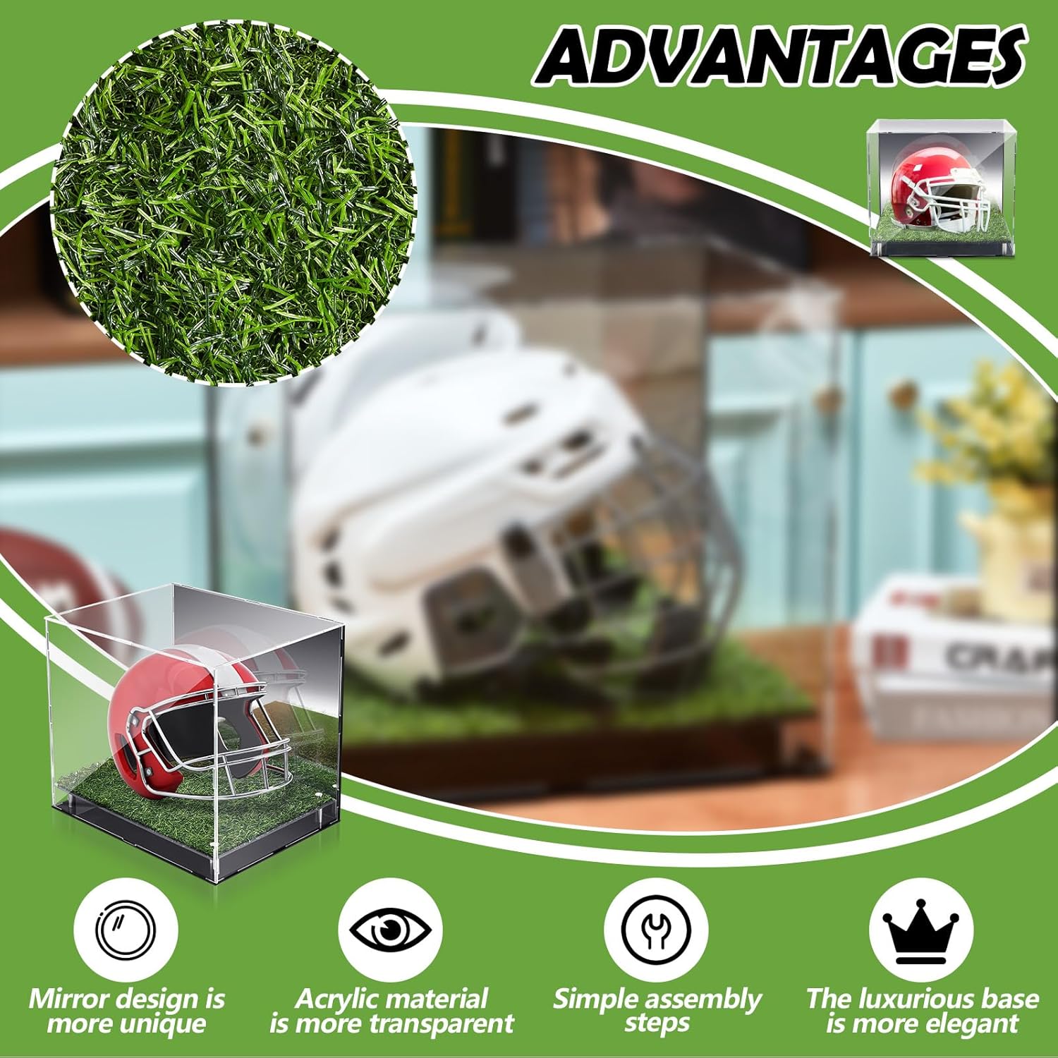 Jetec Acrylic Football Helmet Display Case with Turf Grass 14.5 x 11 x 12 in Full Size Dustproof Acrylic Display Case Protection Helmet Display Box Holder Showcase Stand for Memorabilia (Classic)