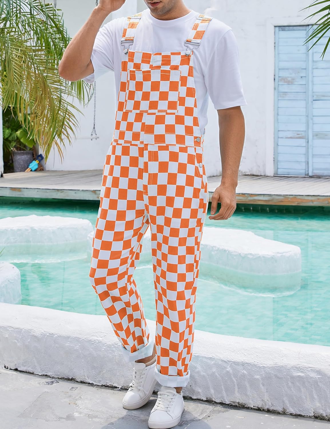 Odefou Checkered Pants Mens Overalls Bib Coveralls Cute Stretch Jeans Jumpsuit