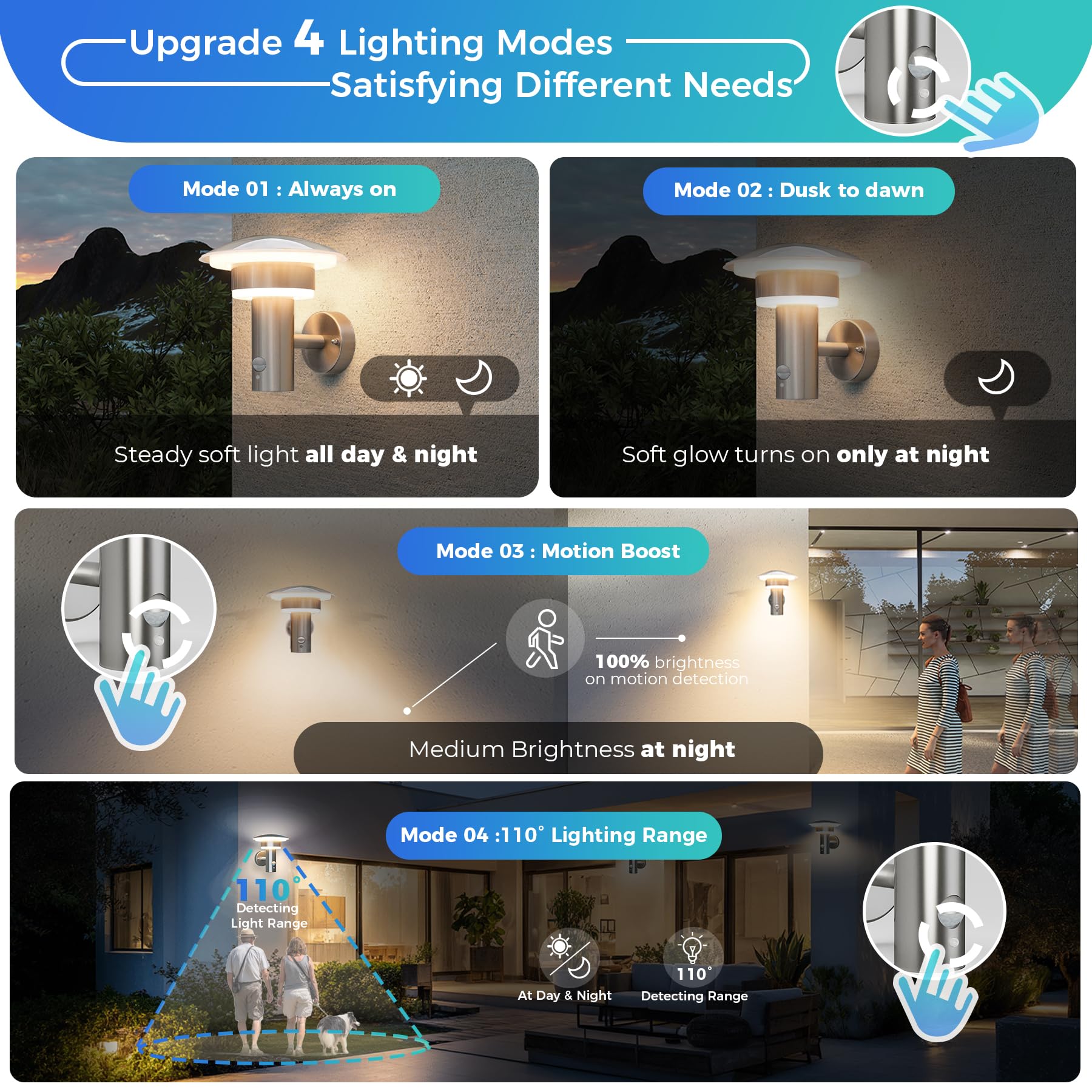 NBHANYUAN Lighting® 2 Stück LED 4 Modi Außenlampen mit Bewegungsmelder und Dämmerungssensor,Dauerlicht,Aussenwandleuchte für Haustür,Veranda,Silber,IP54,SUS316 Edelstahl, Warmweiß (3000K)