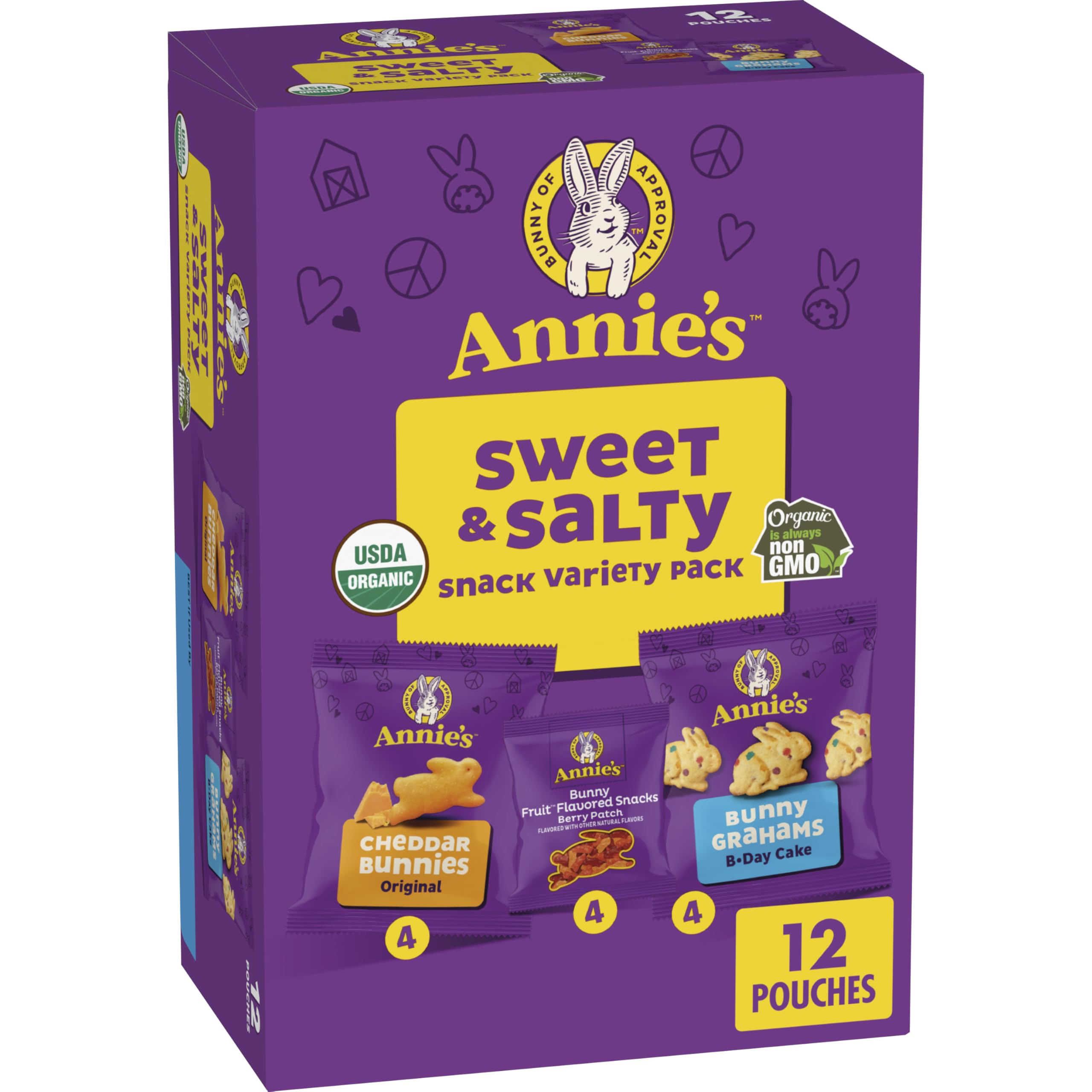 Annie's Sweet and Salty Snack Variety Pack, Cheddar Bunnies, Bunny Grahams and Bunny Fruit Flavored Snacks, Organic Kids Snacks, 12 Pouches, 10.8 ozUSDA Organic