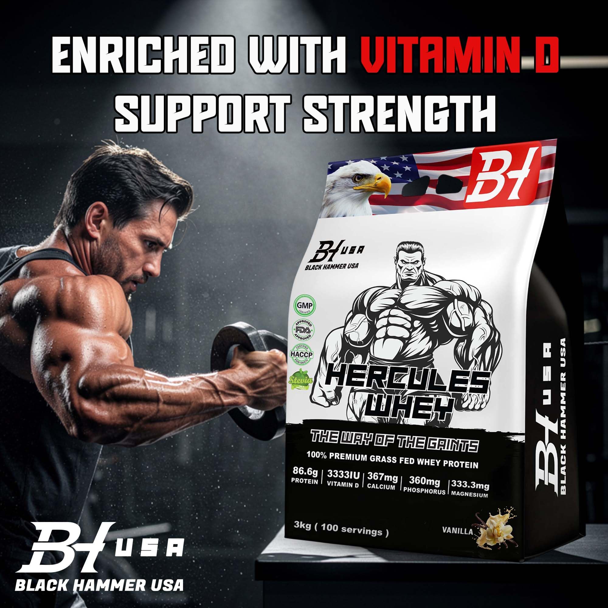 HERCULES Whey Protein 3KG – 26g Protein, 100 Servings, High Protein Formula with Vitamin D – Muscle Growth & Recovery Support (Vanille)