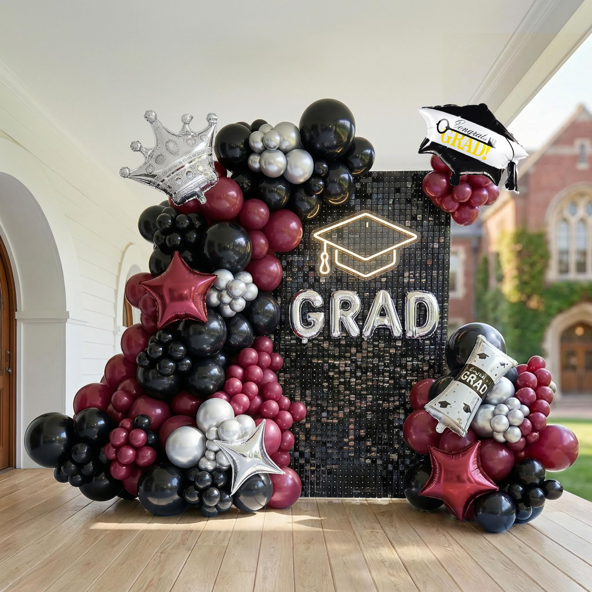 Burgundy Black Silver Graduation Balloon Garland Kit with foil caps diplomas GRAD letters wine red stars and crowns Balloons Graduation Party