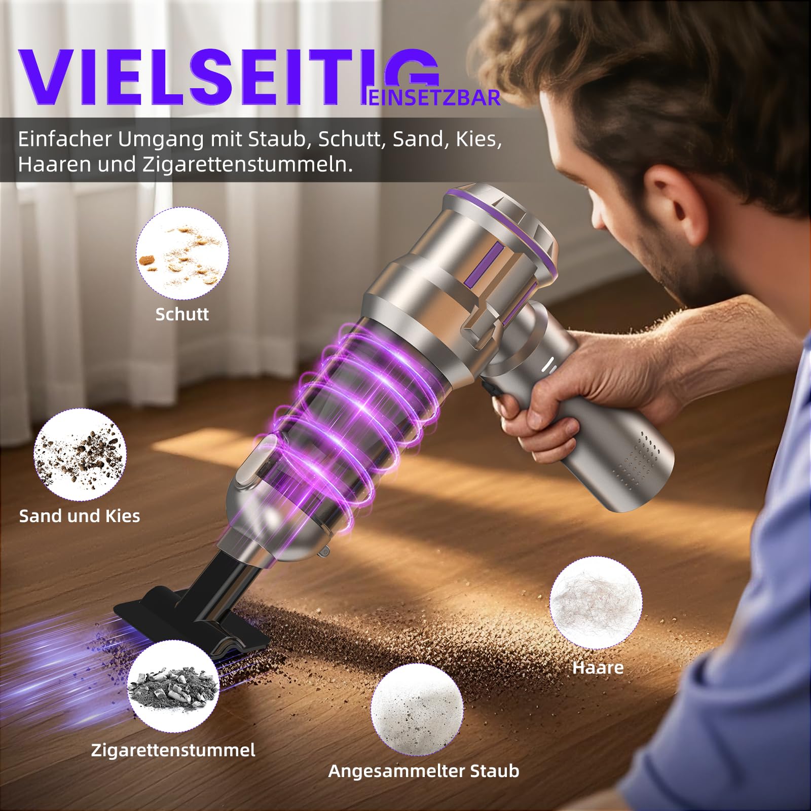 Handstaubsauger, 25000Pa Handstaubsauger Akku Kabellos mit 1-Knopf-Selbstentleerung, 4-in-1 Autostaubsauger Stark mit Bürstenlosem Motor, 3 Stufen Mini Staubsauger, Ideal für Tierhaare, Auto, Haushalt