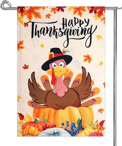 Bandera de jardín de Acción de Gracias, de arpillera de 12 x 18 pulgadas, de doble cara, decorativa, de pavo, calabaza, pavo, hoja de arce, banderas