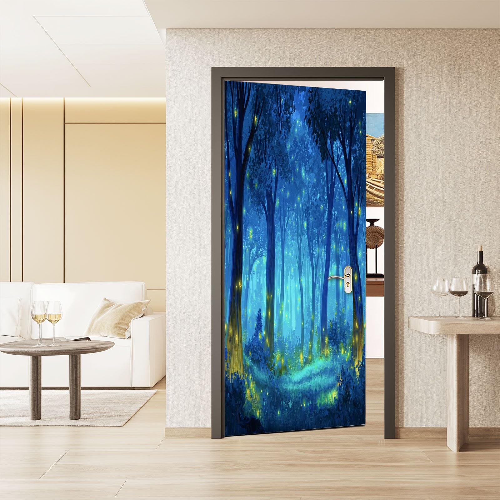 Tapeta na drzwi 3D, samoprzylepna, las marzeń, plakat na drzwi, styl kreskówkowy, naklejka na drzwi, wodoszczelna, zdejmowana folia na drzwi, fototapeta, do salonu, sypialni, łazienki, 90 x 200 cm
