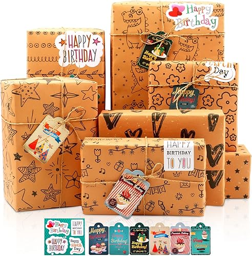 MAMUNU Juego de papel de regalo de regalo, 7 hojas de papel kraft marrón de regalo de cumpleaños, papel de regalo reciclado de 20 x 28 pulgadas con