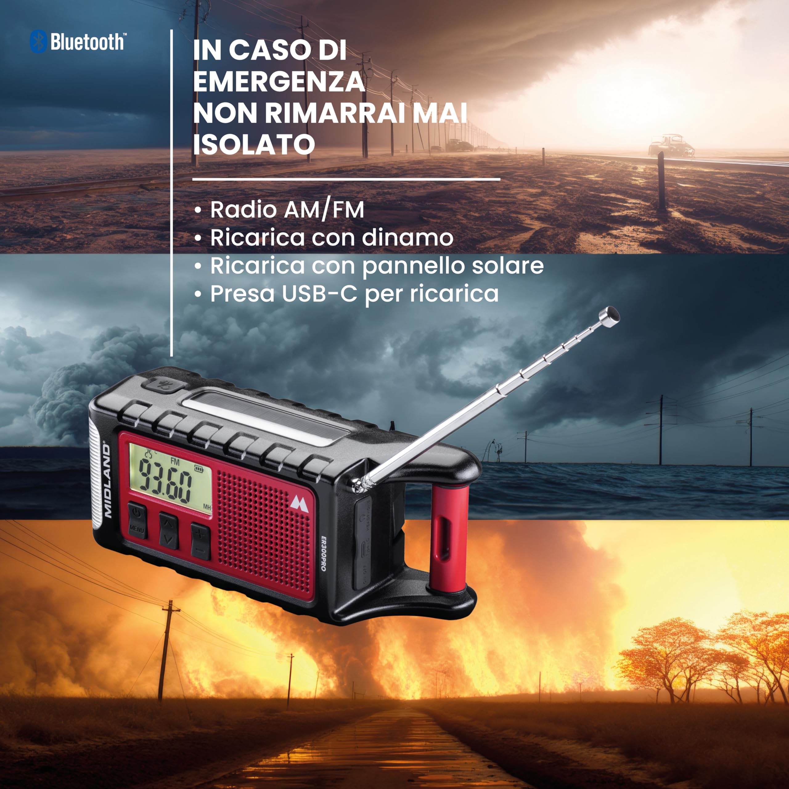 Midland ER300 PRO C1663-Power Bank d'Emergenza Ricaricabile x 2 Smartphone Batteria Ricaricabile 10.000 mAh USB-C/Solare/Dinamo, Bluetooth, Radio AM/FM, Torcia SOS 130LM, Autonomia Fino 100H