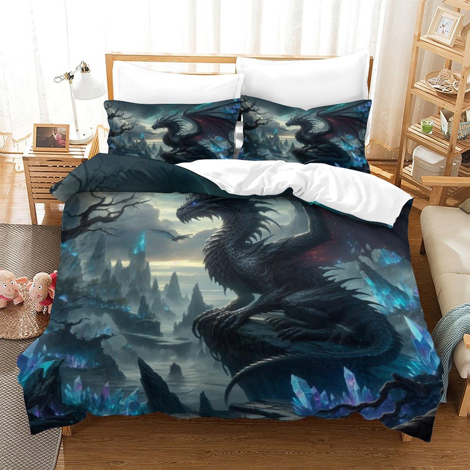 Tnfhsoft Boys Flying Dragon Duvet Cover Set 3 Piece Bedding Set With 3D Print Pattern Comforter Cover With 2 Pillowcases All Season Quilt Cover With Zipper For Kids Girls Single（140X200cm）