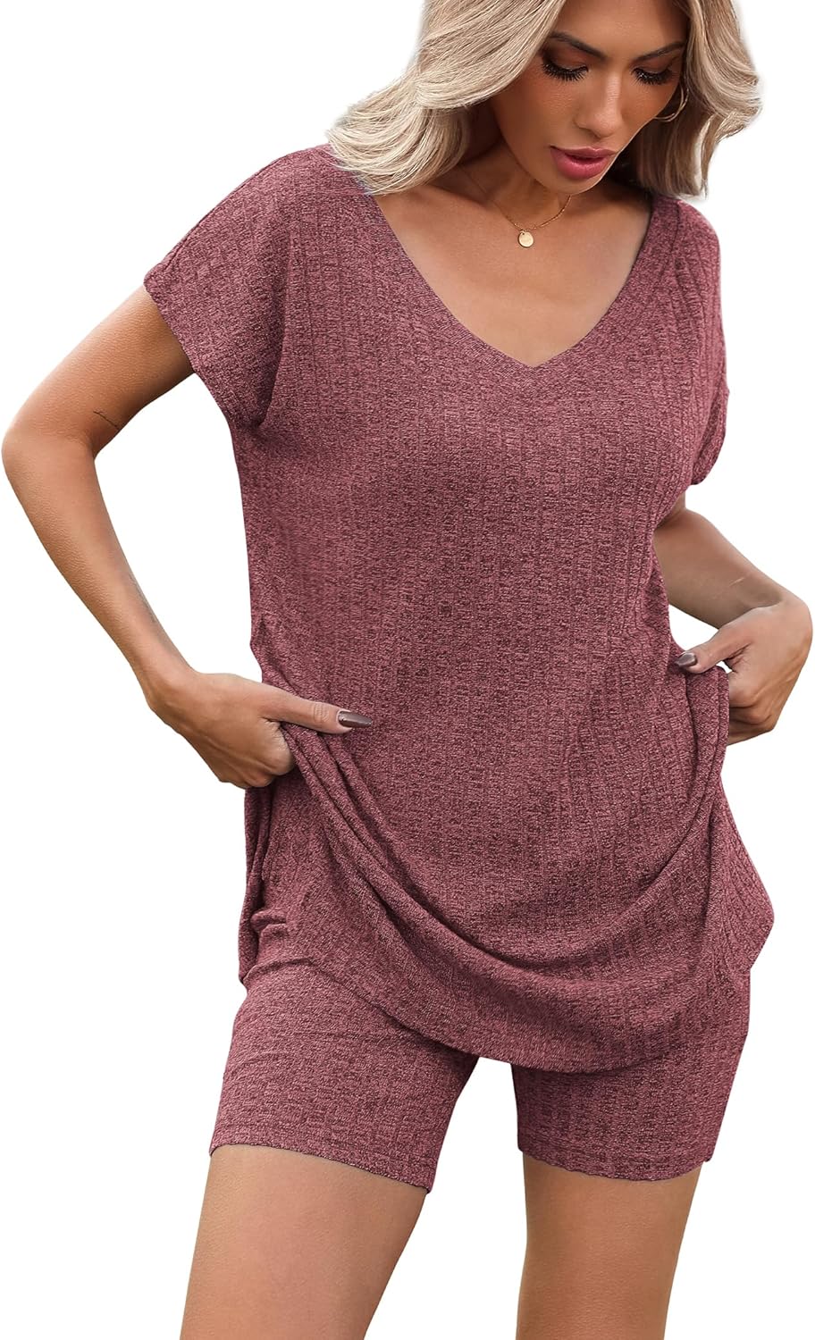 Ekouaer Womens 2 Piece Sets Summer Biker Shorts Set Outfits Knit Loungewear V Neck Workout Sets Tracksuit S-XXL